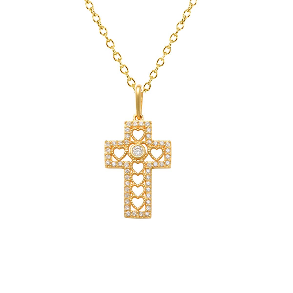 14K Yellow Cross Hearts White CZ Gold 18" Necklace