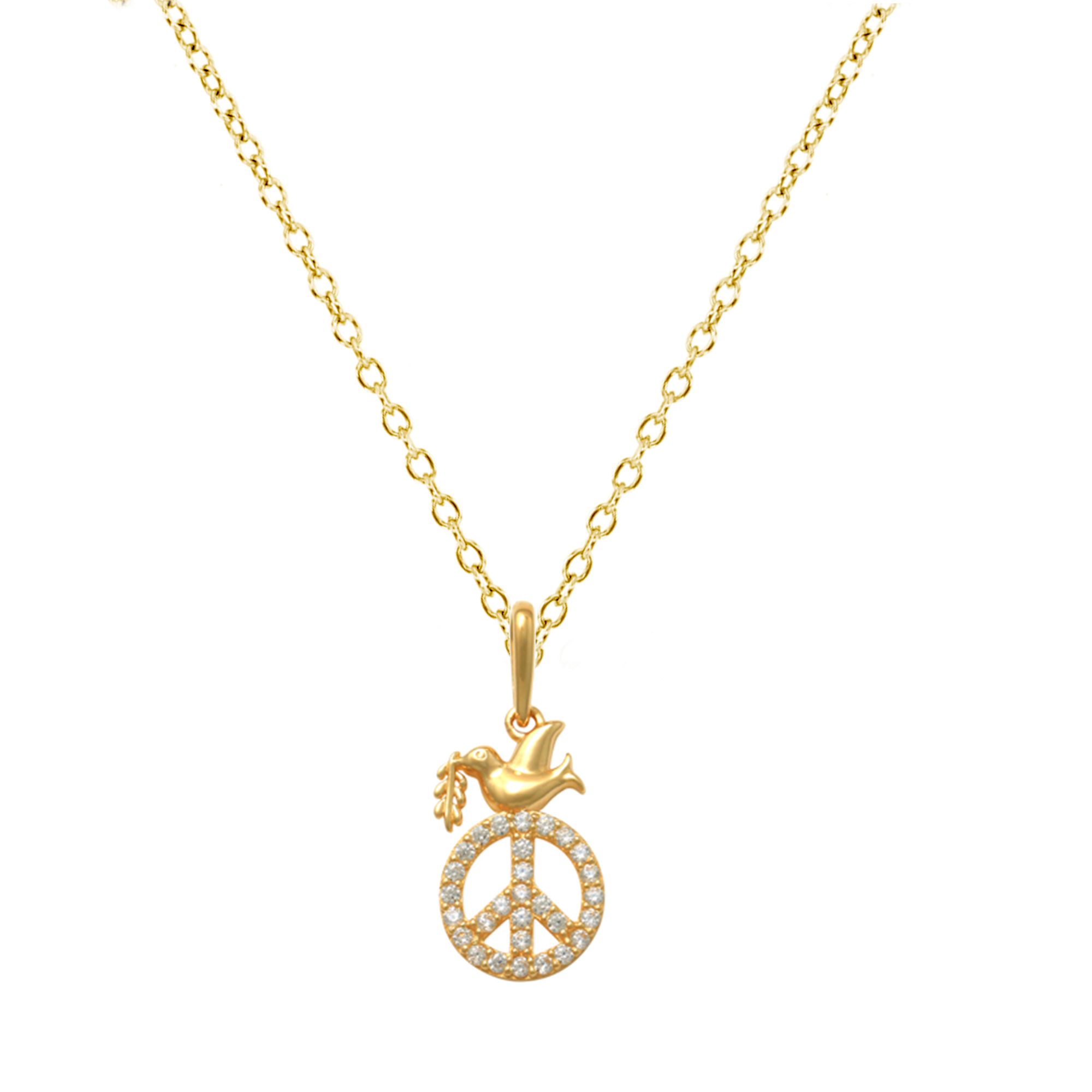 10K Yellow Gold White CZ Peace Dove 18" Necklace