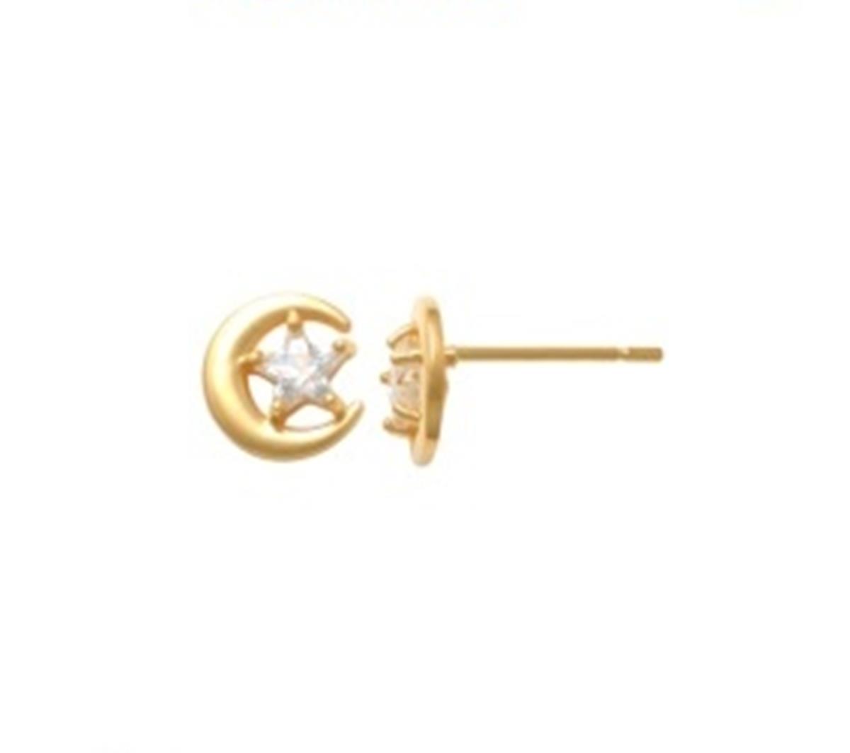 14K Yellow Gold 5mm Star CZ Crescent Moon Stud Earring with Silicone Back