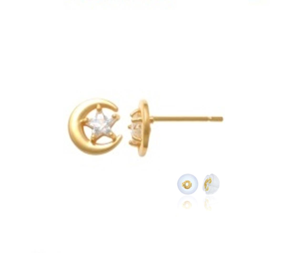 10K Yellow Gold 5mm Star CZ Crescent Moon Stud Earring with Silicone Back