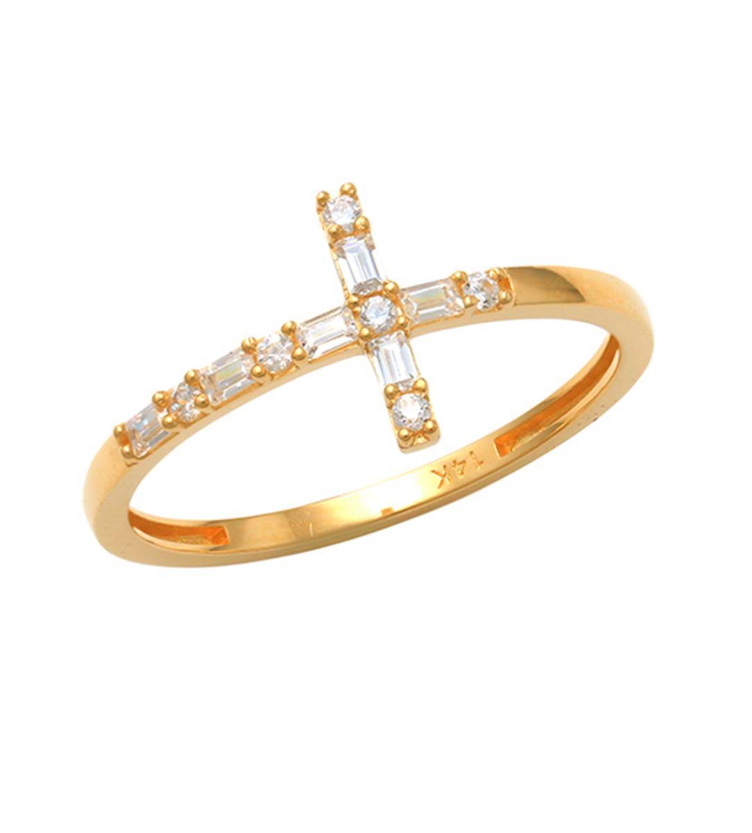 14K Yellow Gold Sb & Rd White CZ Cross Fashion Ring
