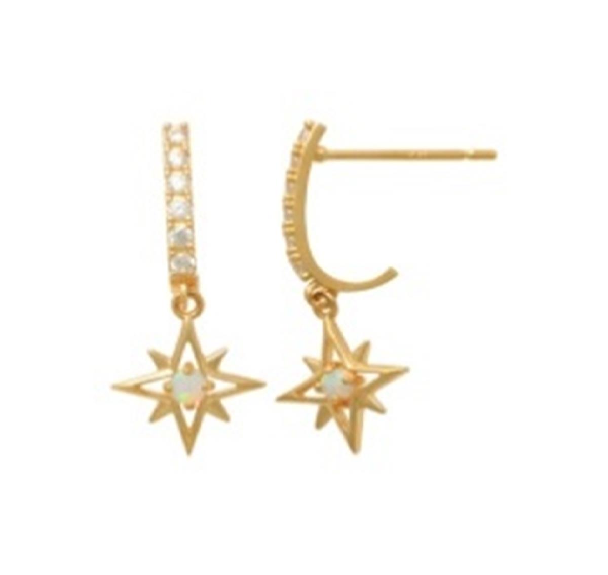 14K Yellow Gold Opal & White CZ Star 20mm Dangling Earring with Silicone Back