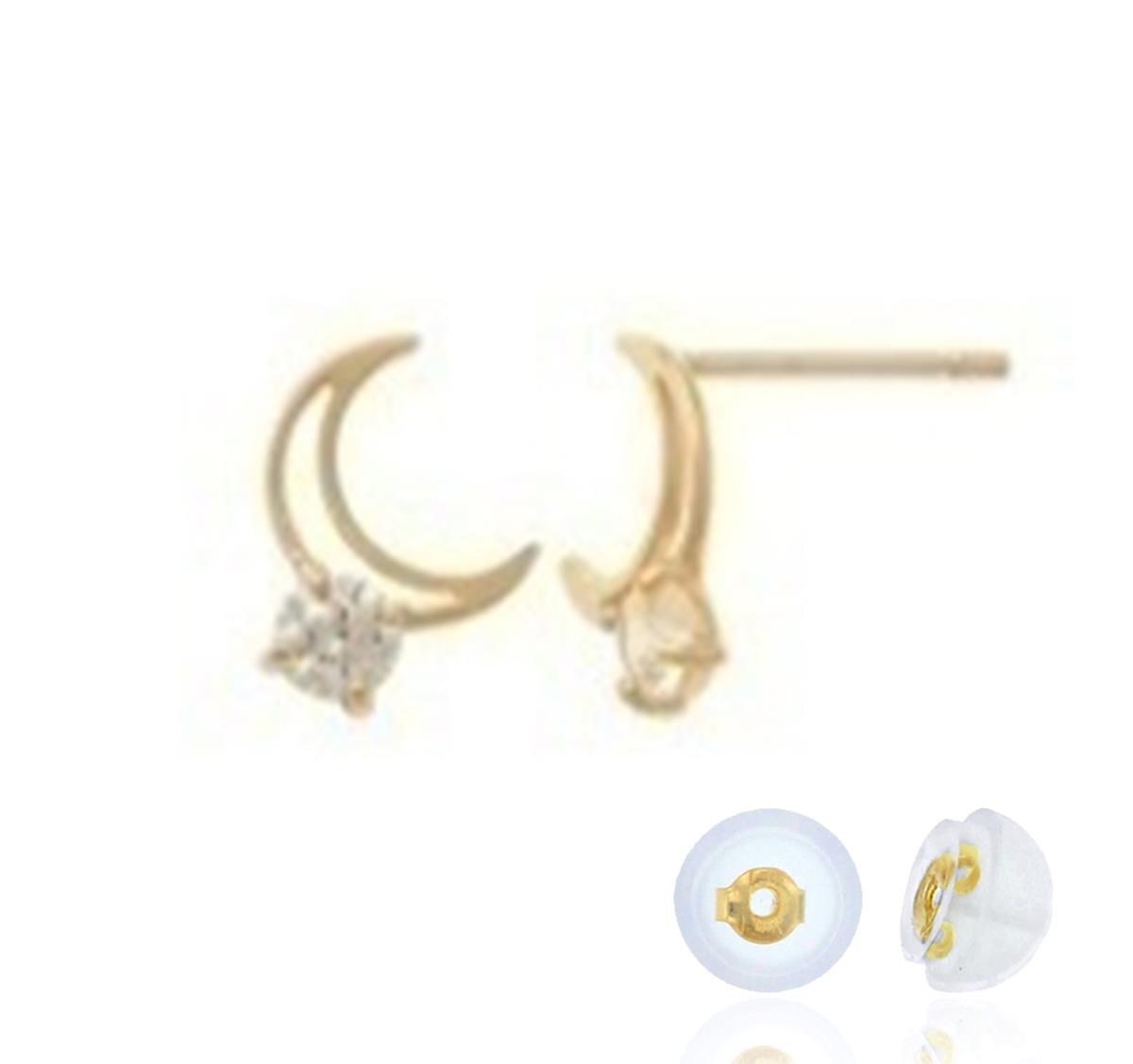 14K Yellow Gold Moon Solitare White CZ 7.5x7mm Stud Earring