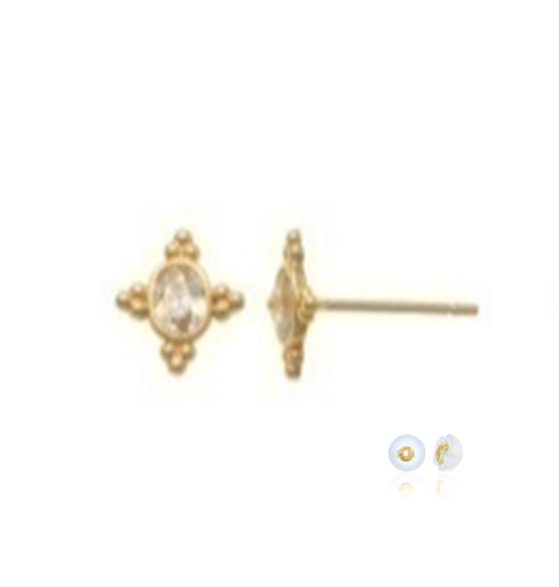 10K Yellow Gold Vintage Bezel 8.5X7 White CZ Stud Earring with Silicone Back