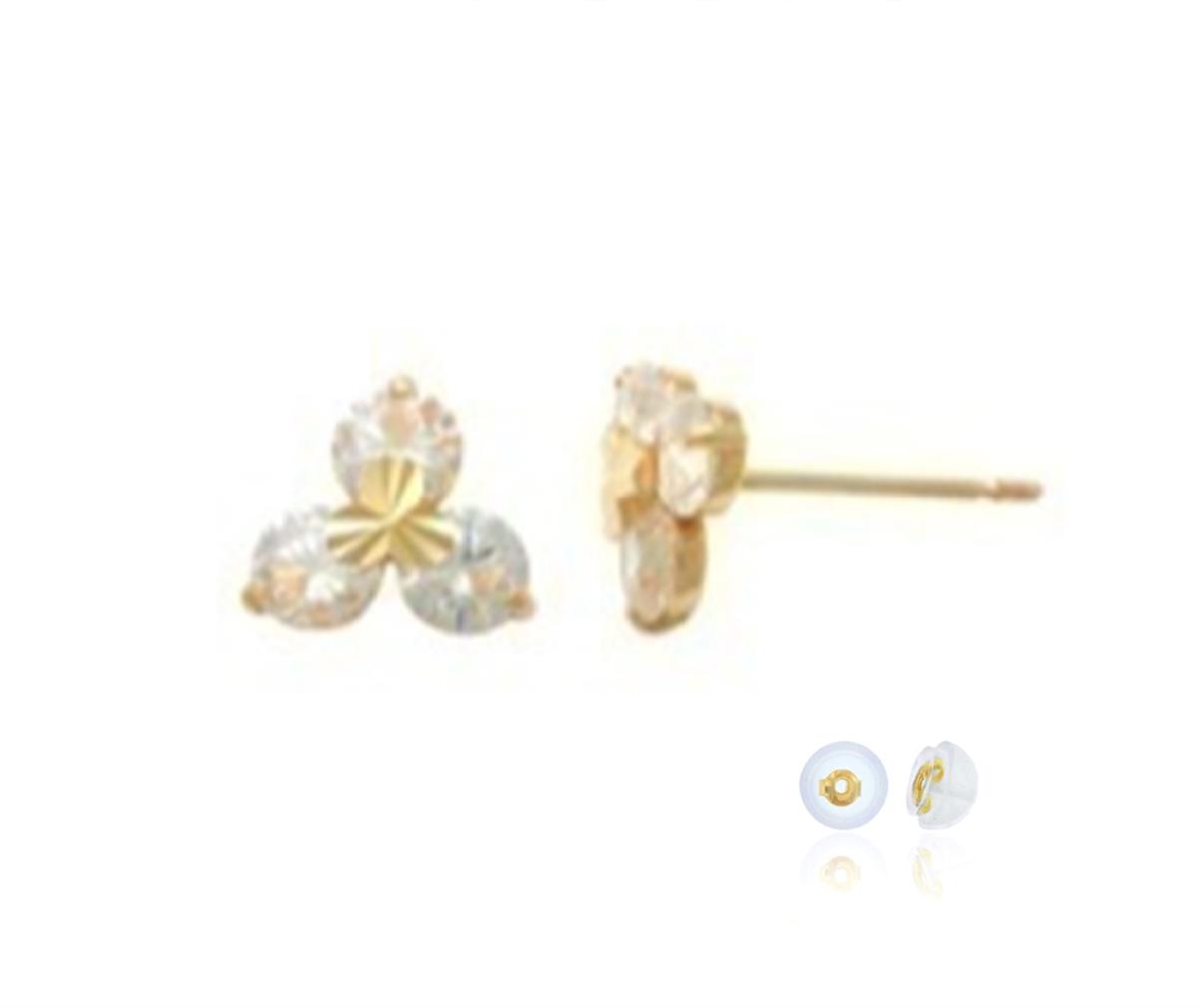 10K Yellow Gold Trio White CZ Clover Stud Earring with Silicone Back
