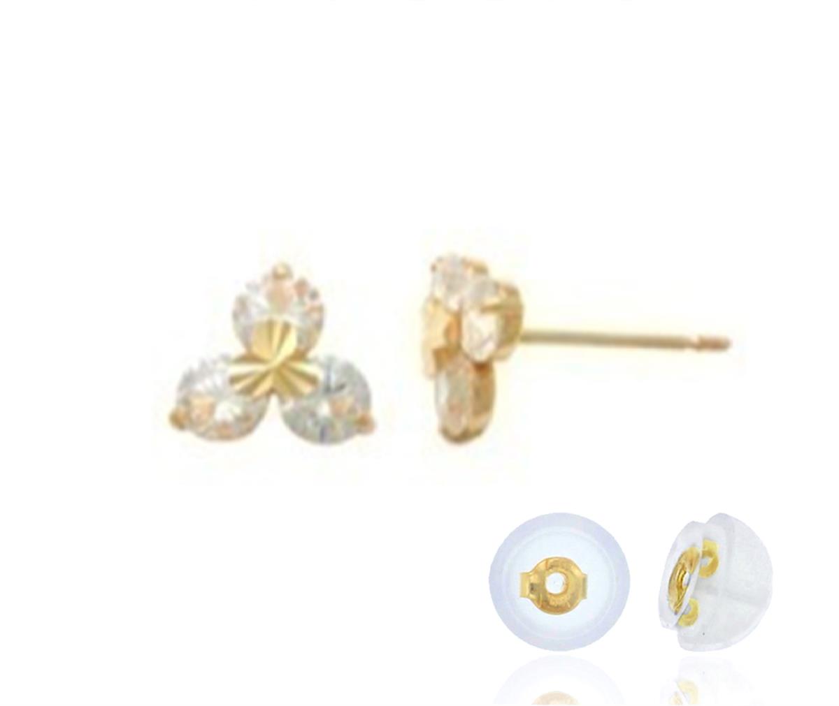 14K Yellow Gold Trio White CZ Clover Stud Earring with Silicone Back