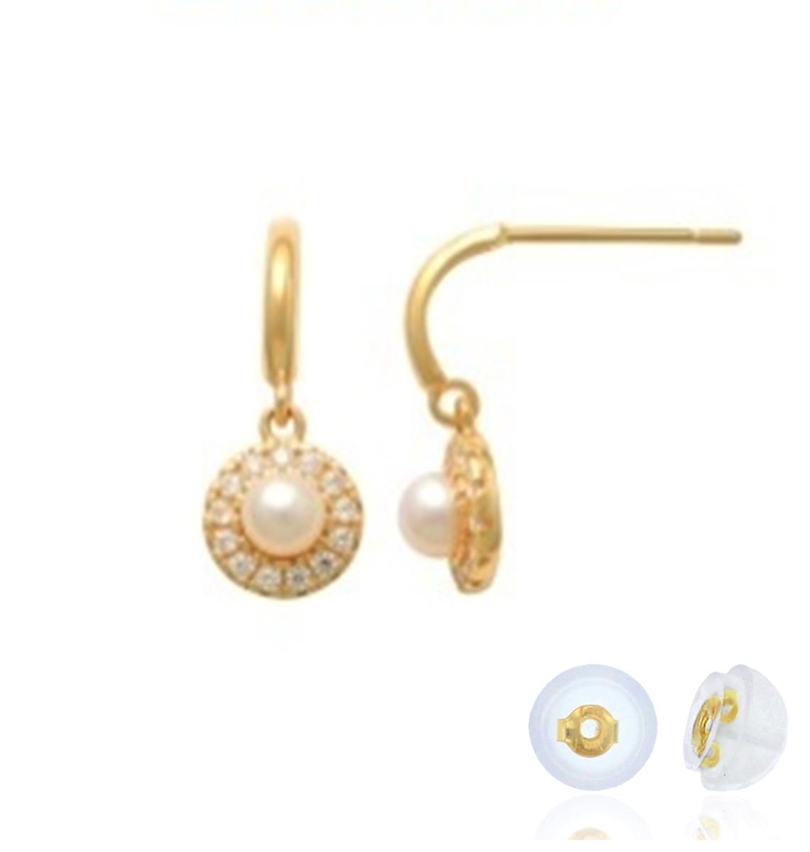 14K Yellow Gold Rd Pearl & White CZ Halo Dangling Earring