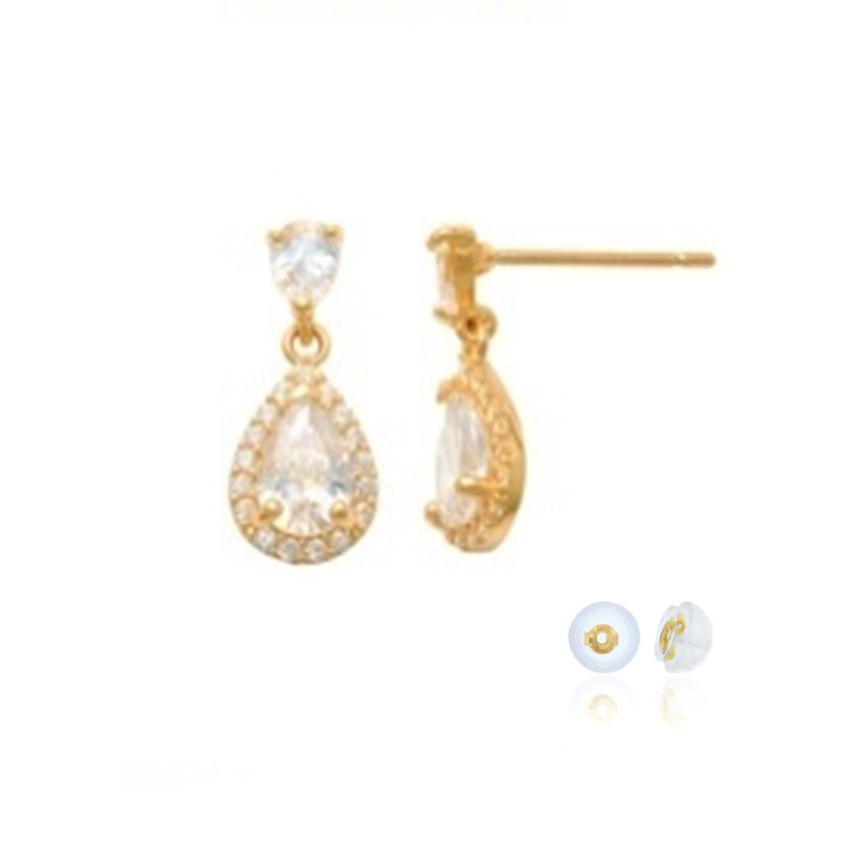 10K Yellow Gold 6x4mm Pear White CZ Halo Dangling Earring