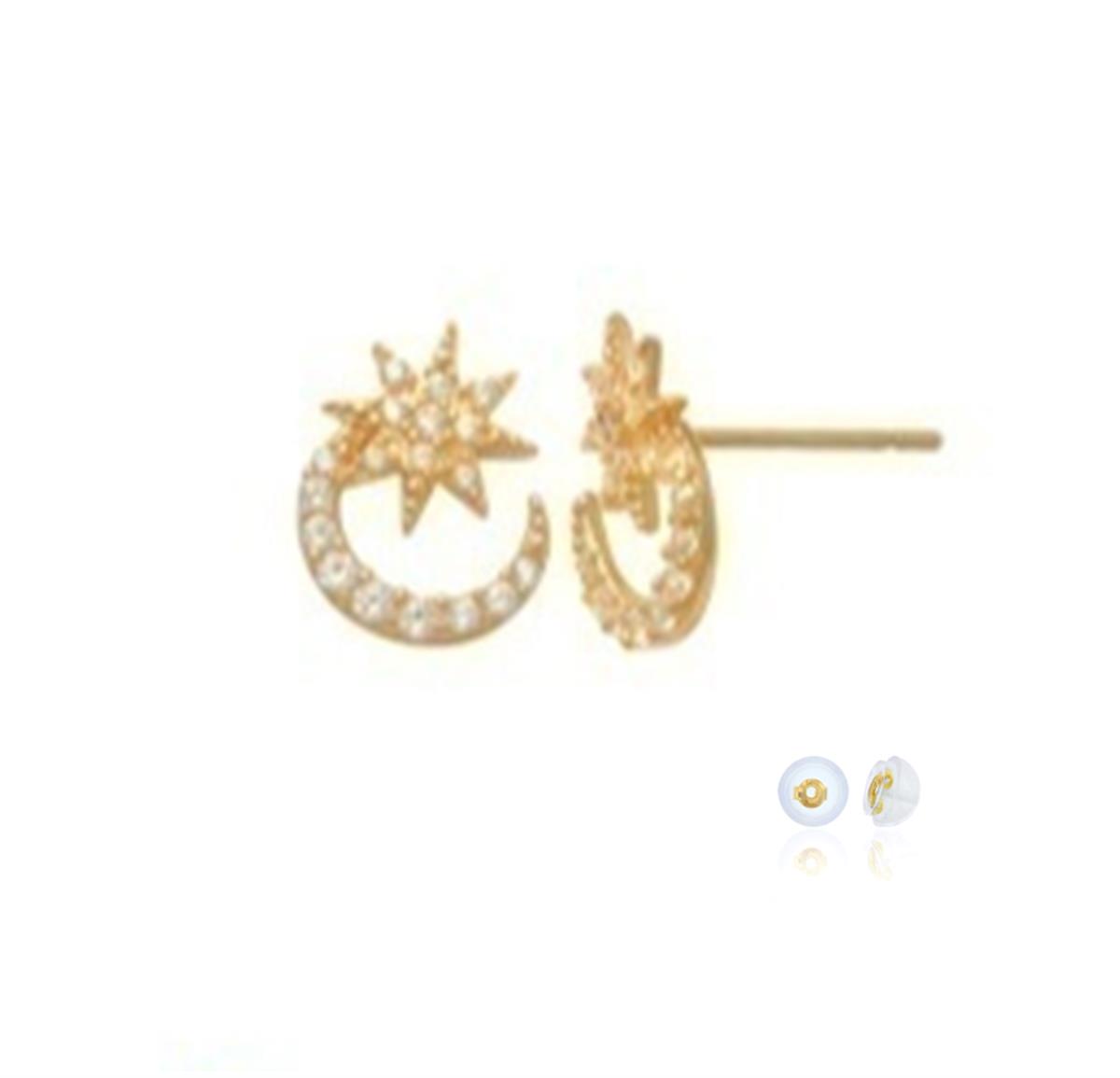 10K Yellow Gold 7.5mm Star & Moon Pave White CZ Stud Earring