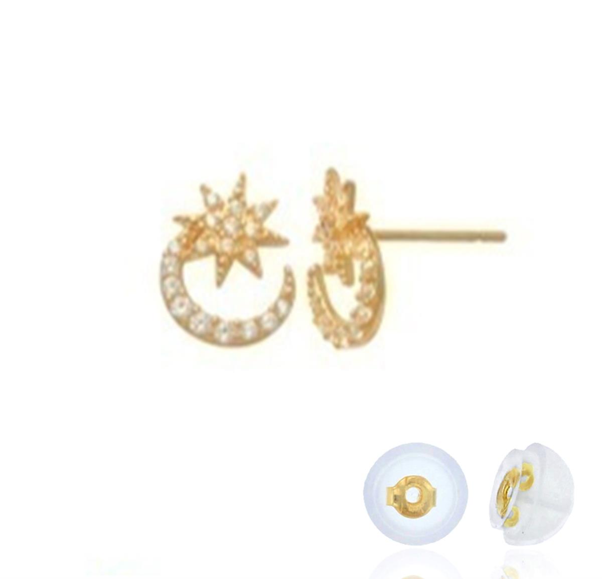 14K Yellow Gold 7.5mm Star & Moon Pave White CZ Stud Earring