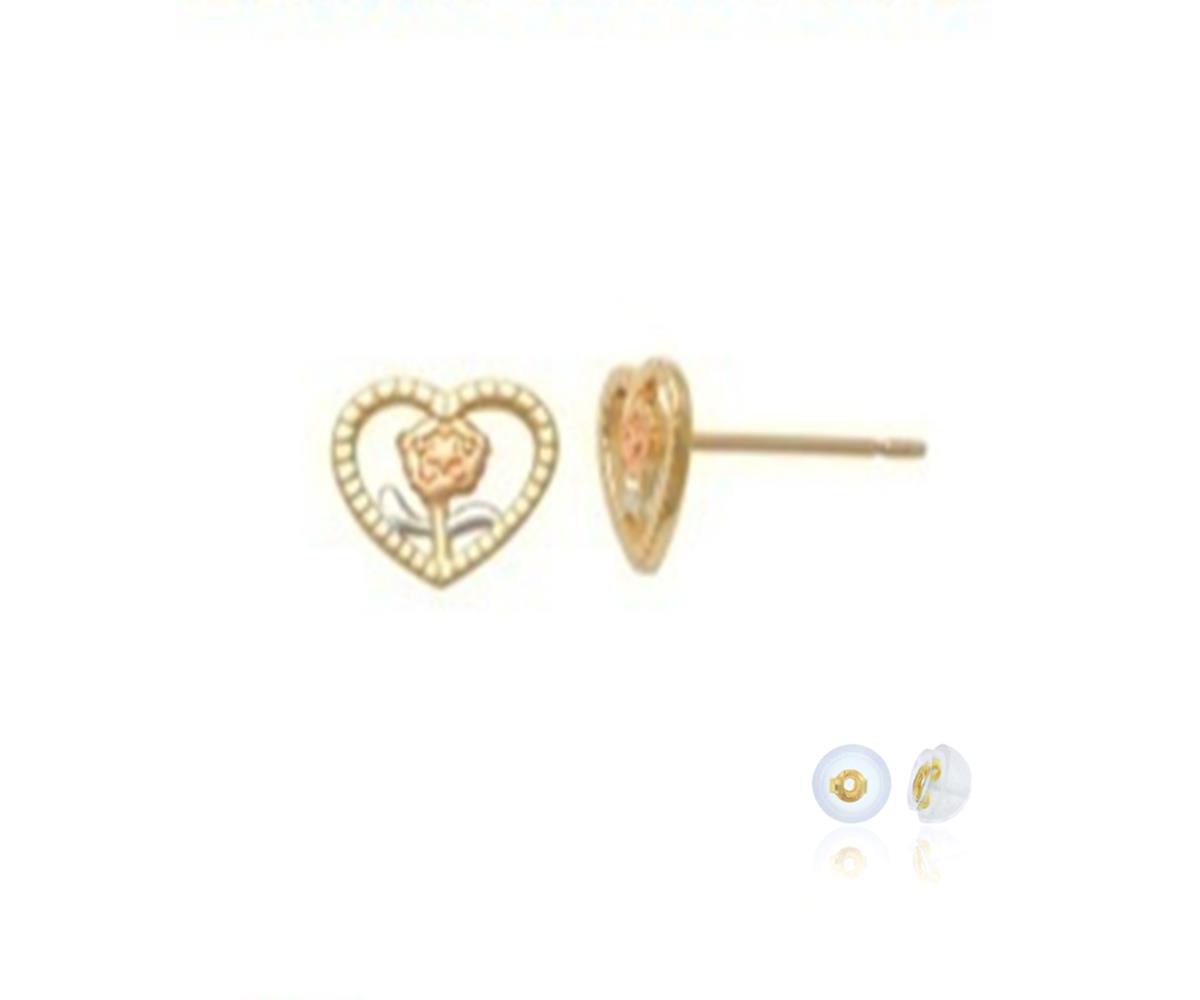 10K Gold Tricolor WYR Flower Heart Stud 7x6mm Earring with Silicone Back