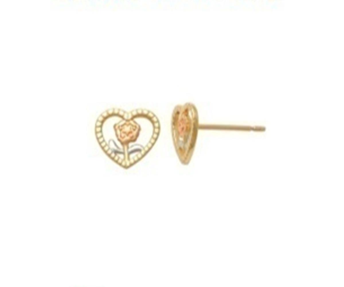 14K Gold Tricolor WYR Flower Heart Stud 7x6mm  Earring with Silicone Back