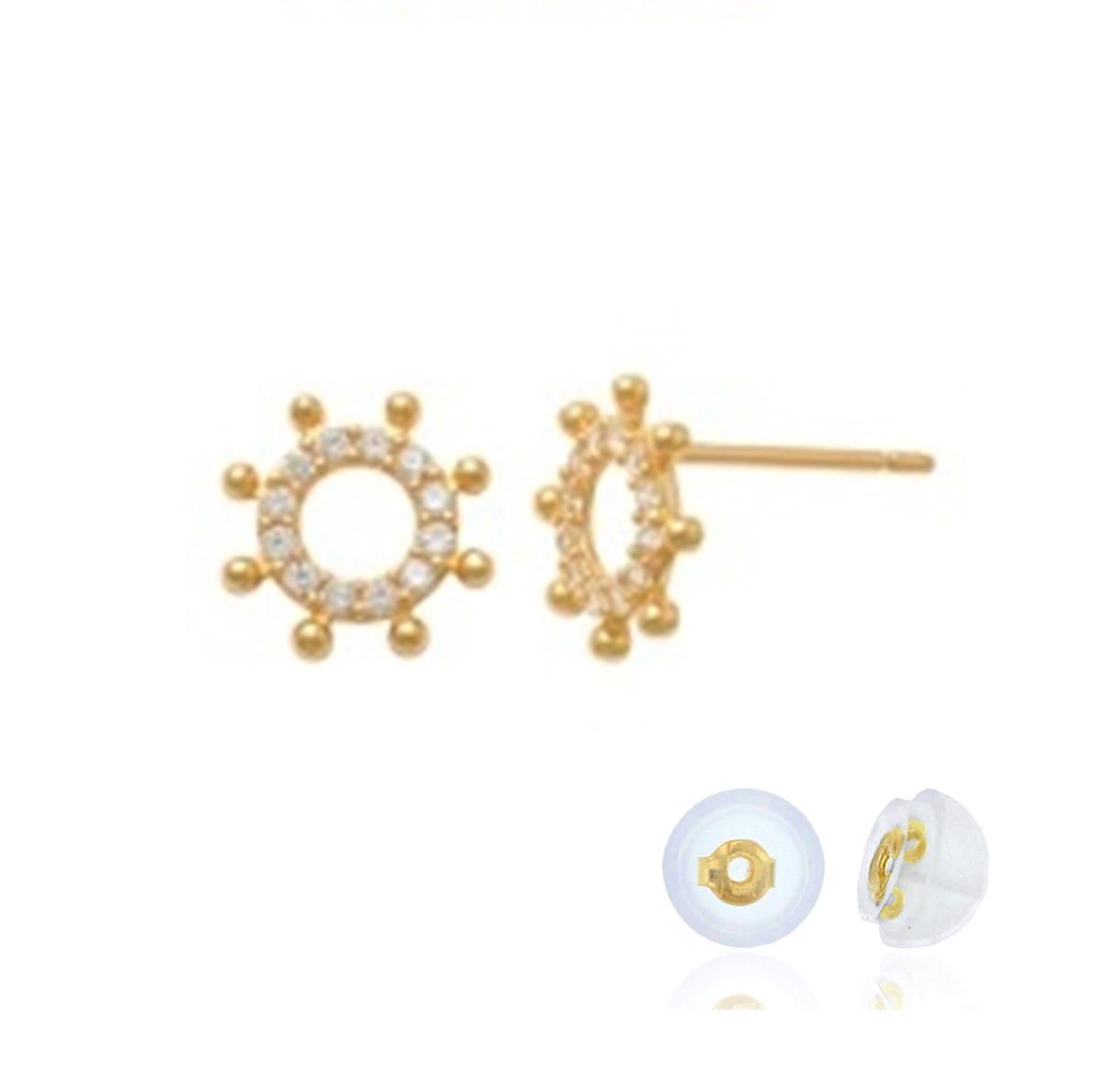 14K Yellow Gold Ship Wheel White CZ Stud Earring with Silicone Back