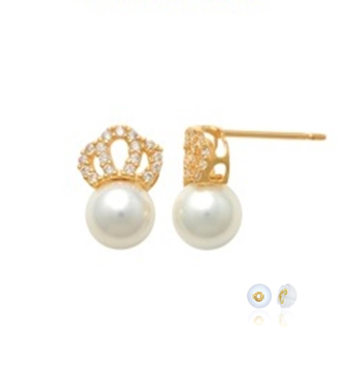 10K Yellow Gold Pearl & White CZ Royal Crown Stud Earring with Silicone Back