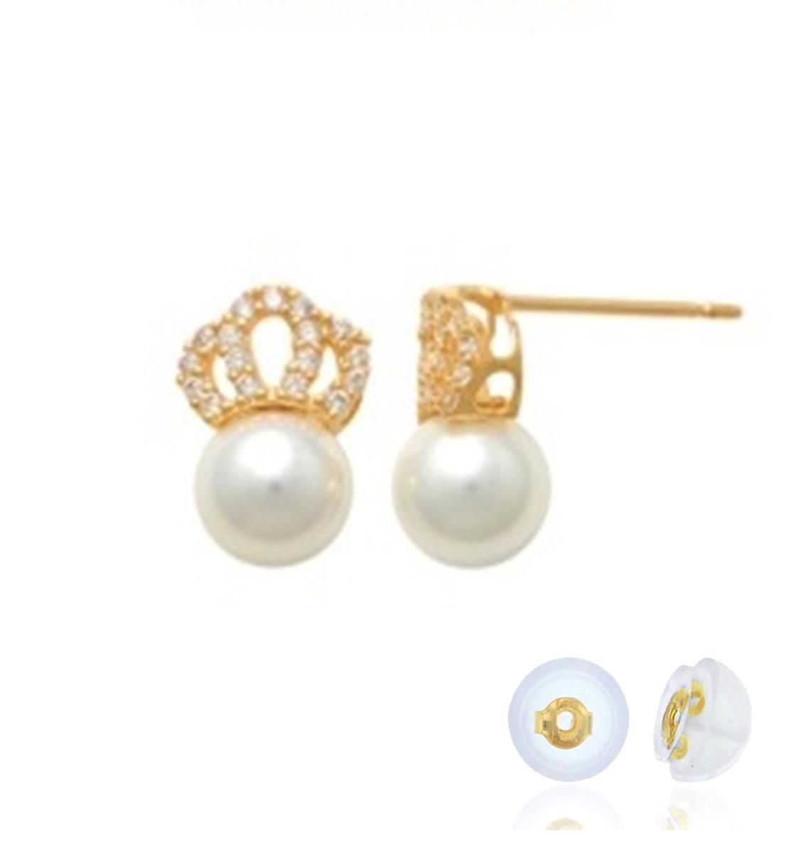 14K Yellow Gold Pearl & White CZ Royal Crown Stud Earring with Silicone Back