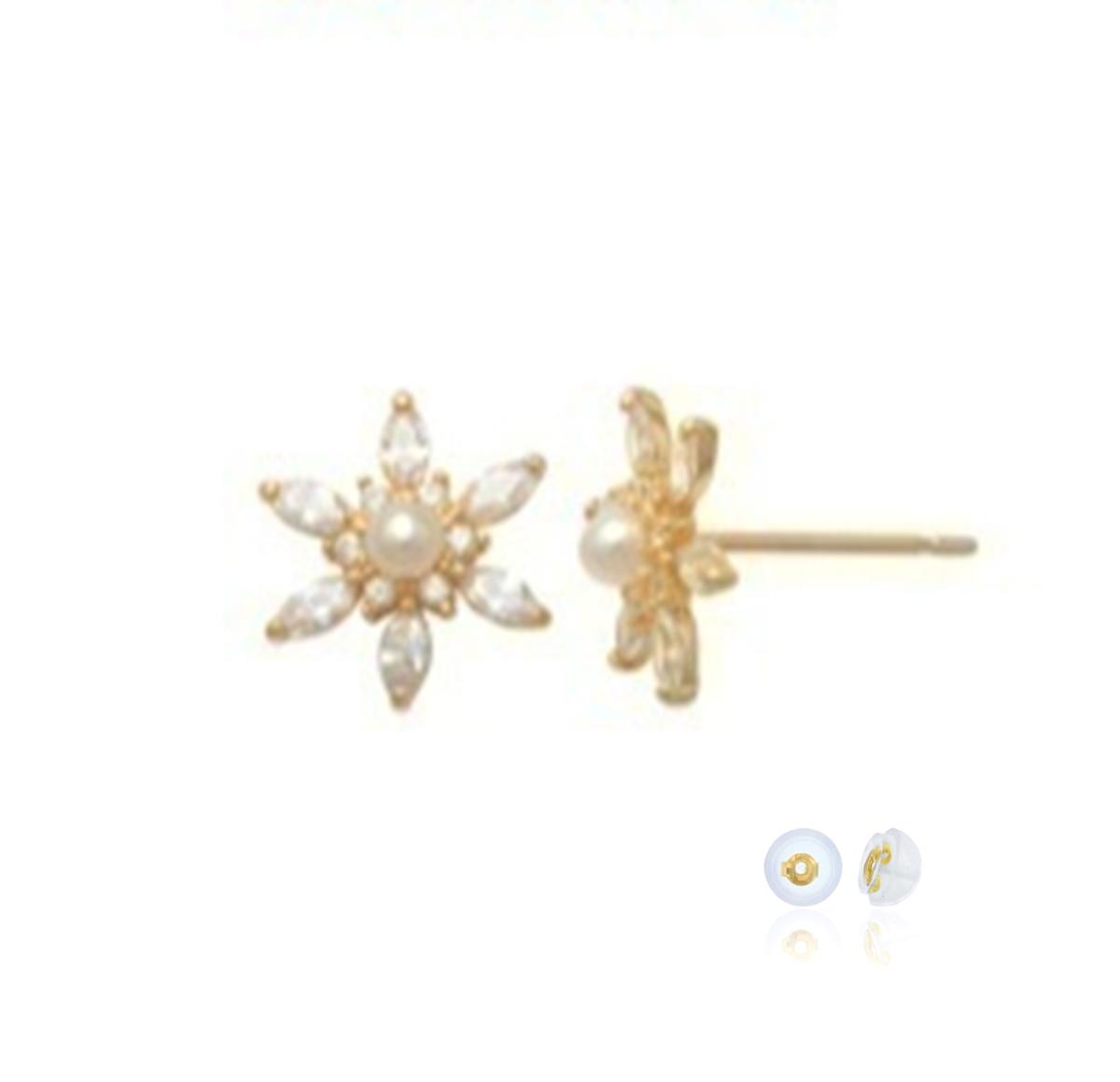 10K Yellow Gold Pearl & White CZ Flower Stud Earring with Silicone Back