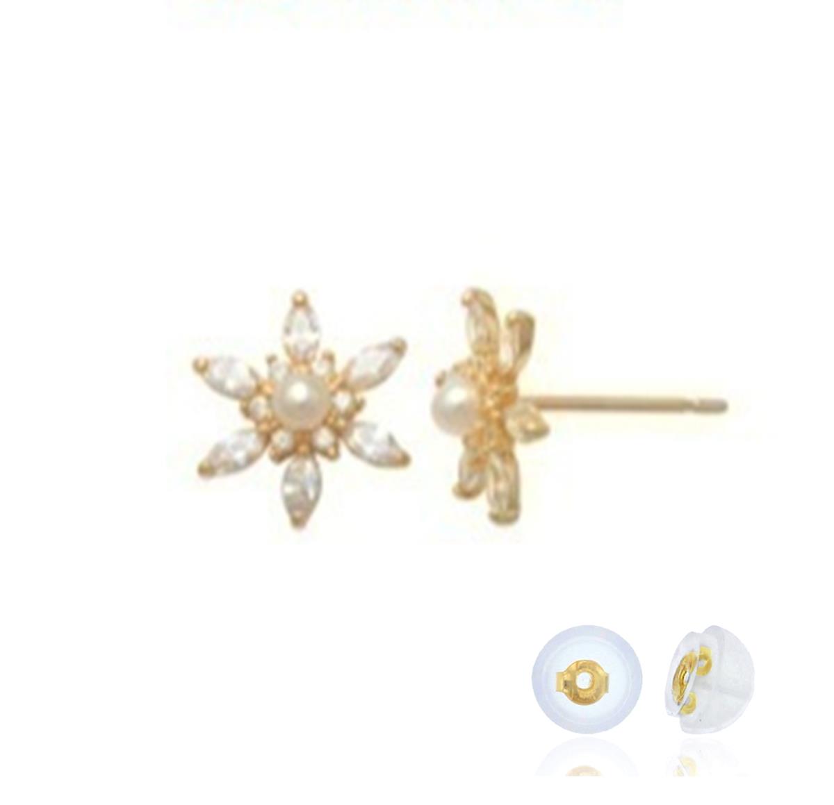14K Yellow Gold Pearl & White CZ Flower Stud Earring with Silicone Back