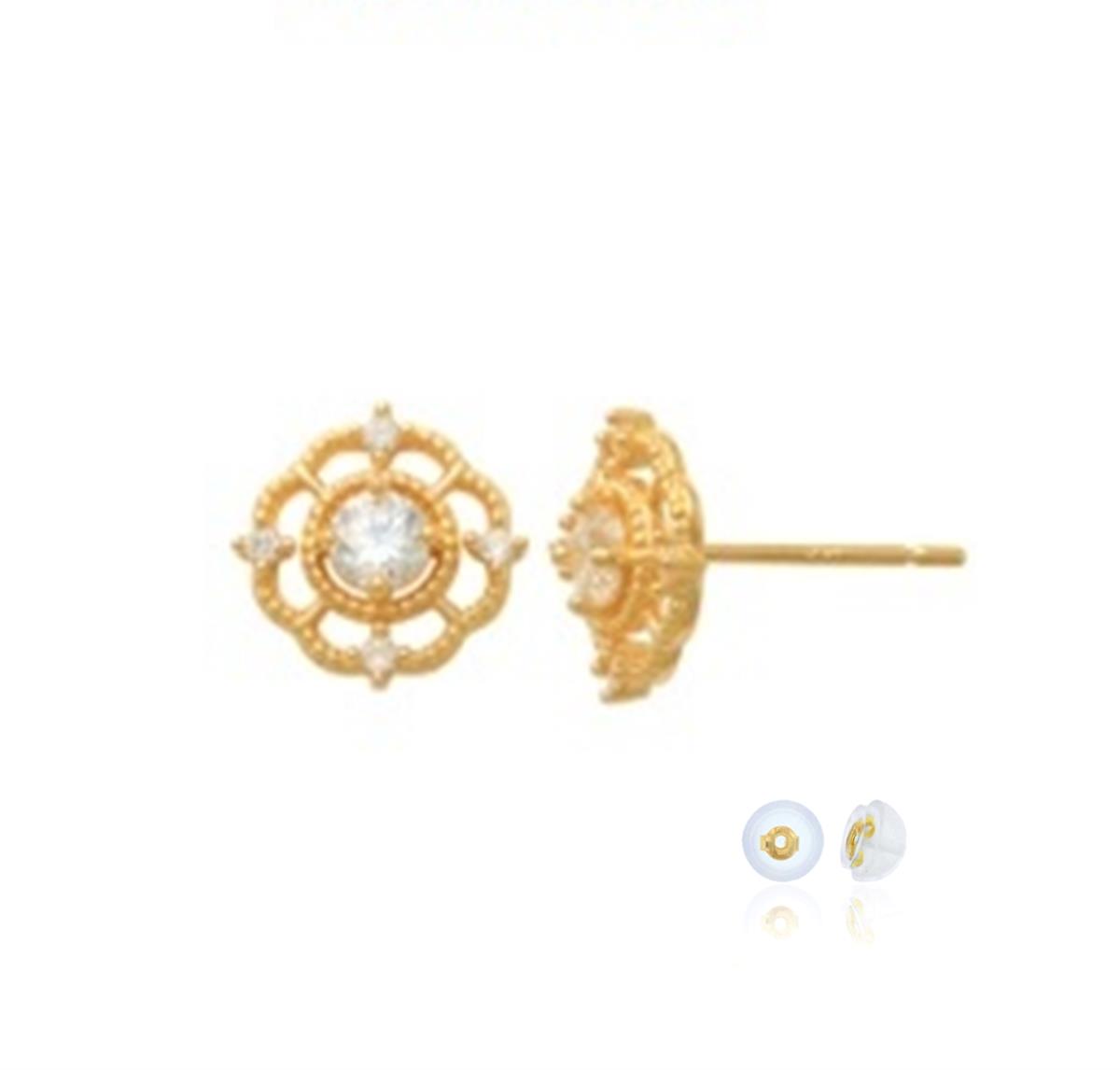 10K Yellow Gold Flower Diamondcut White CZ  Stud Earring with Silicone Back