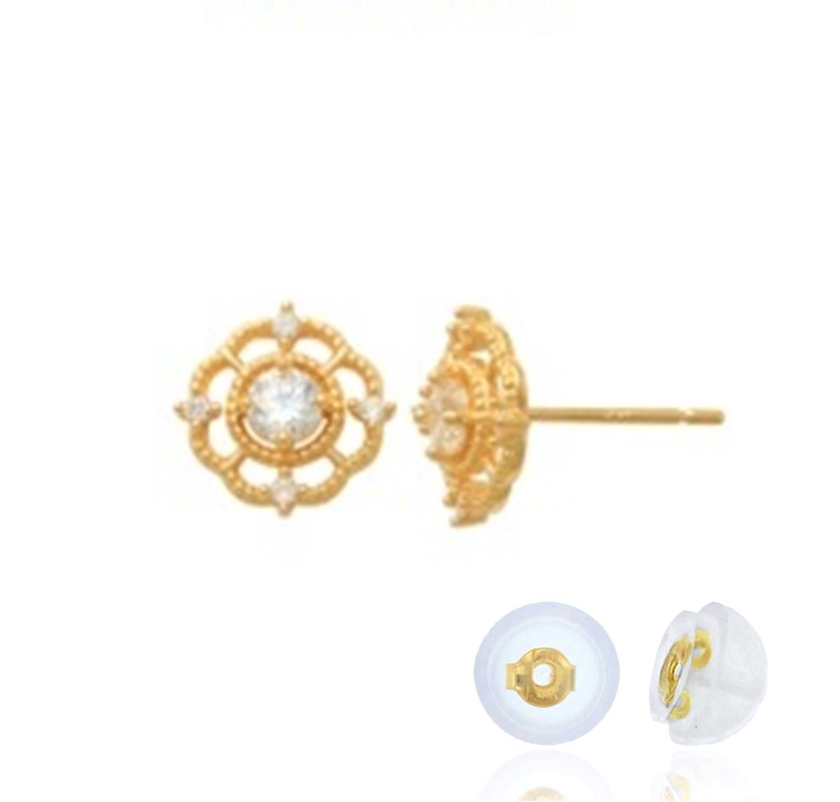 14K Yellow Gold Flower Diamondcut White CZ  Stud Earring with Silicone Back