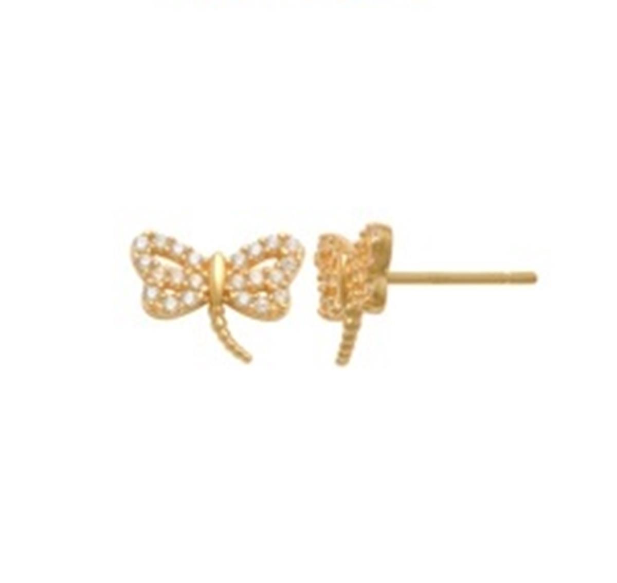 14K Yellow Gold Pave White CZ Dragonfly Stud Earring
