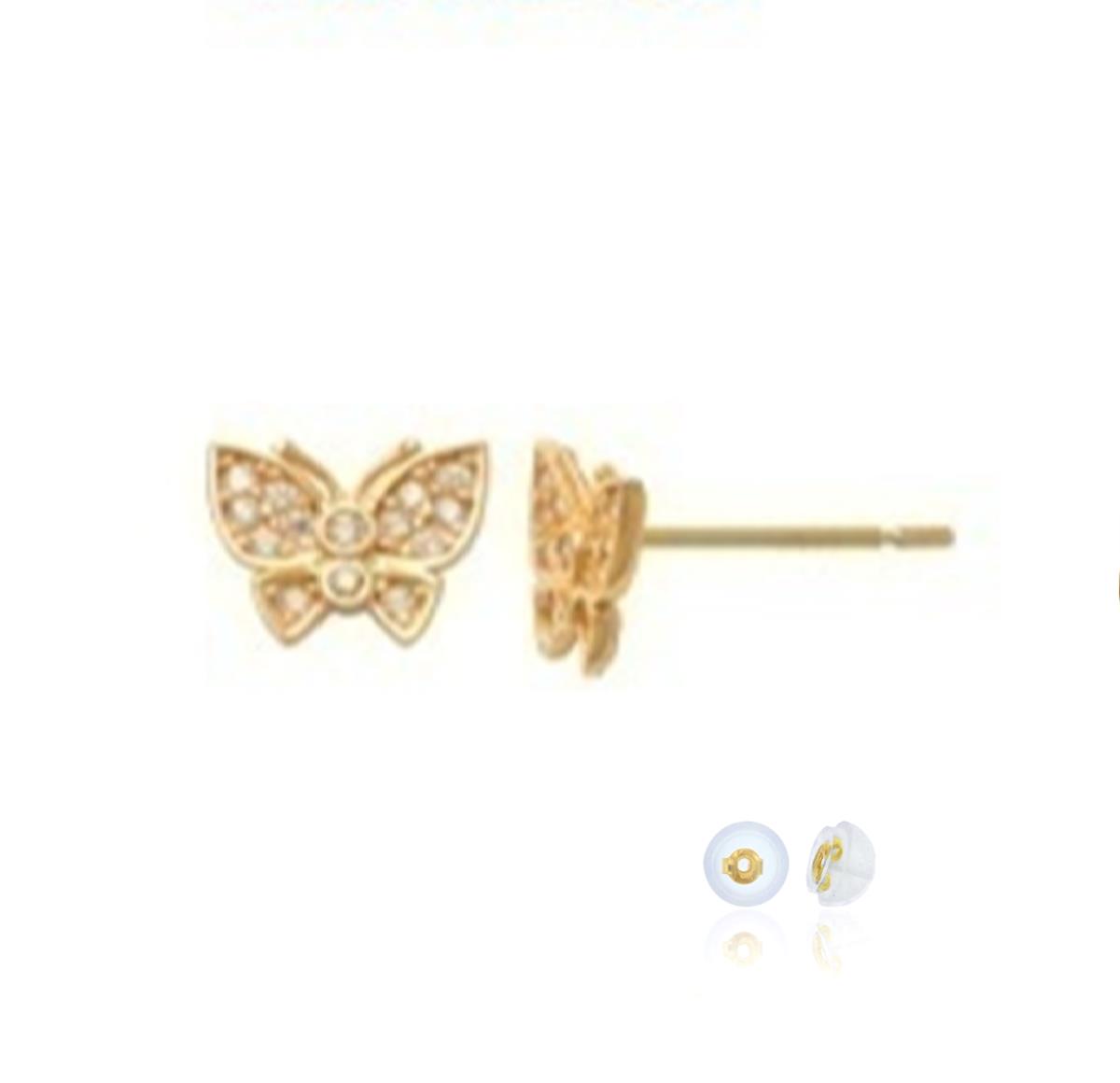 10K Yellow Gold Pave White CZ Butterfly  Stud Earring with Silicone Back