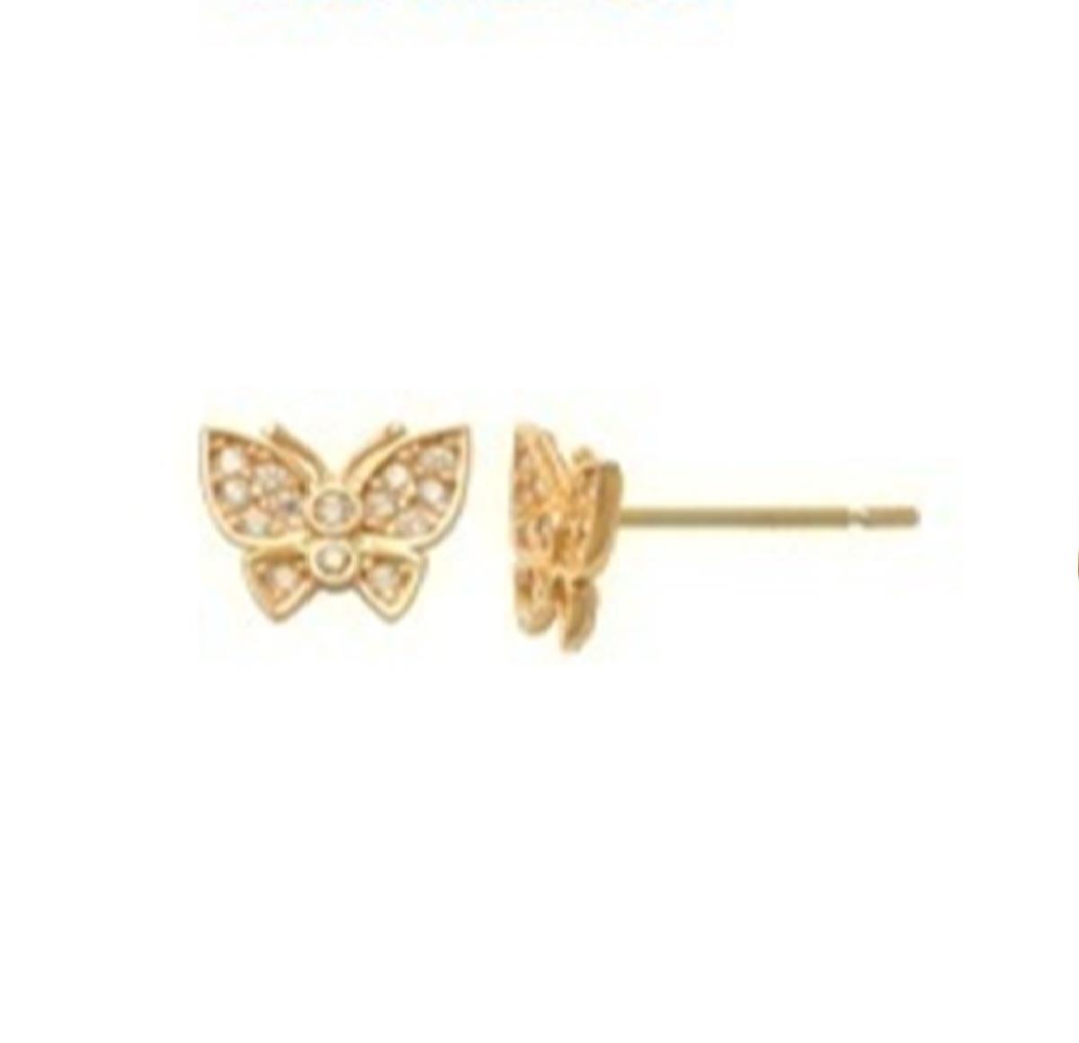 14K Yellow Gold Pave White CZ Butterfly  Stud Earring with Silicone Back