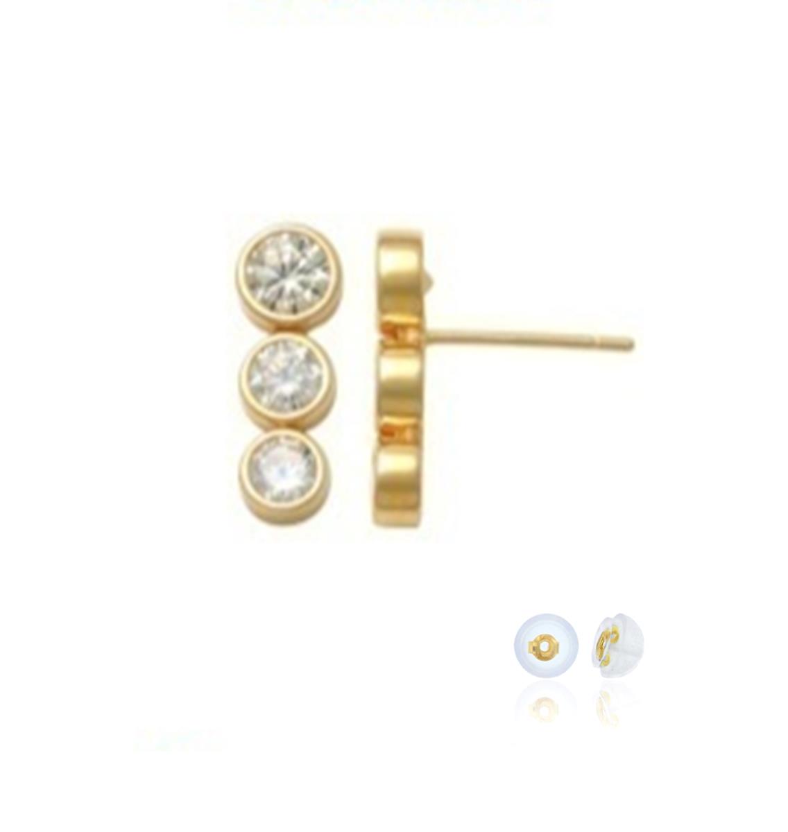 10K Yellow Gold Trio Bezel White CZ Stud Earring with Silicone Back