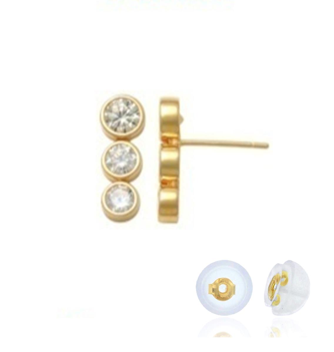 14K Yellow Gold Trio Bezel White CZ Stud Earring with Silicone Back