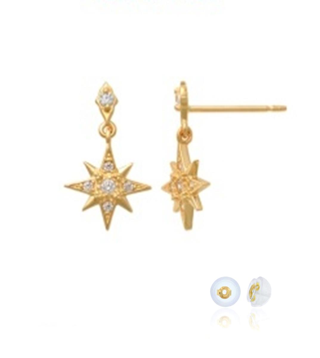 10K Yellow  Gold White CZ Star  Stud Earring with Silicone Back
