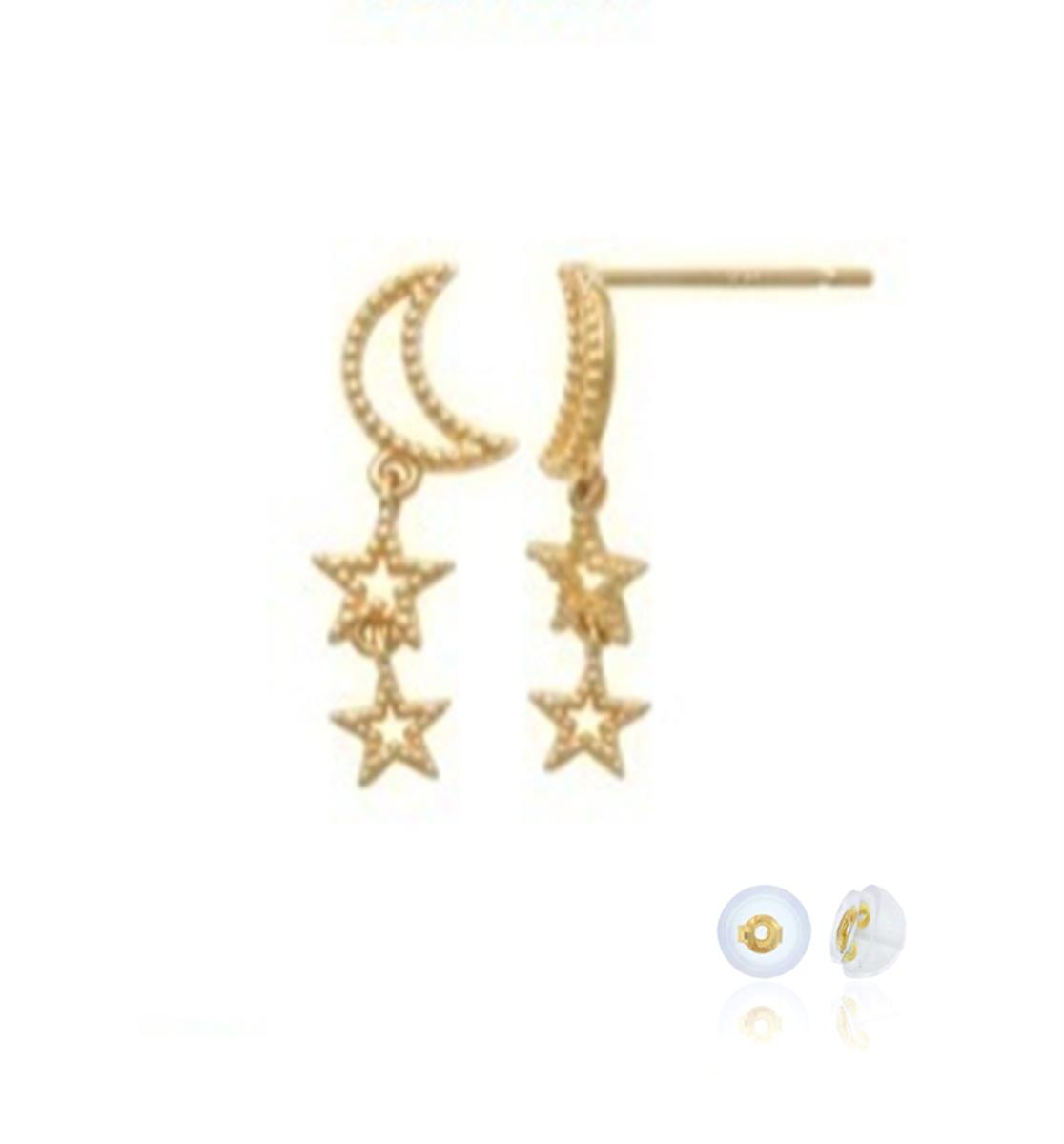 10K Yellow Gold Moon & Stars Dangling Earring with Silicone Back