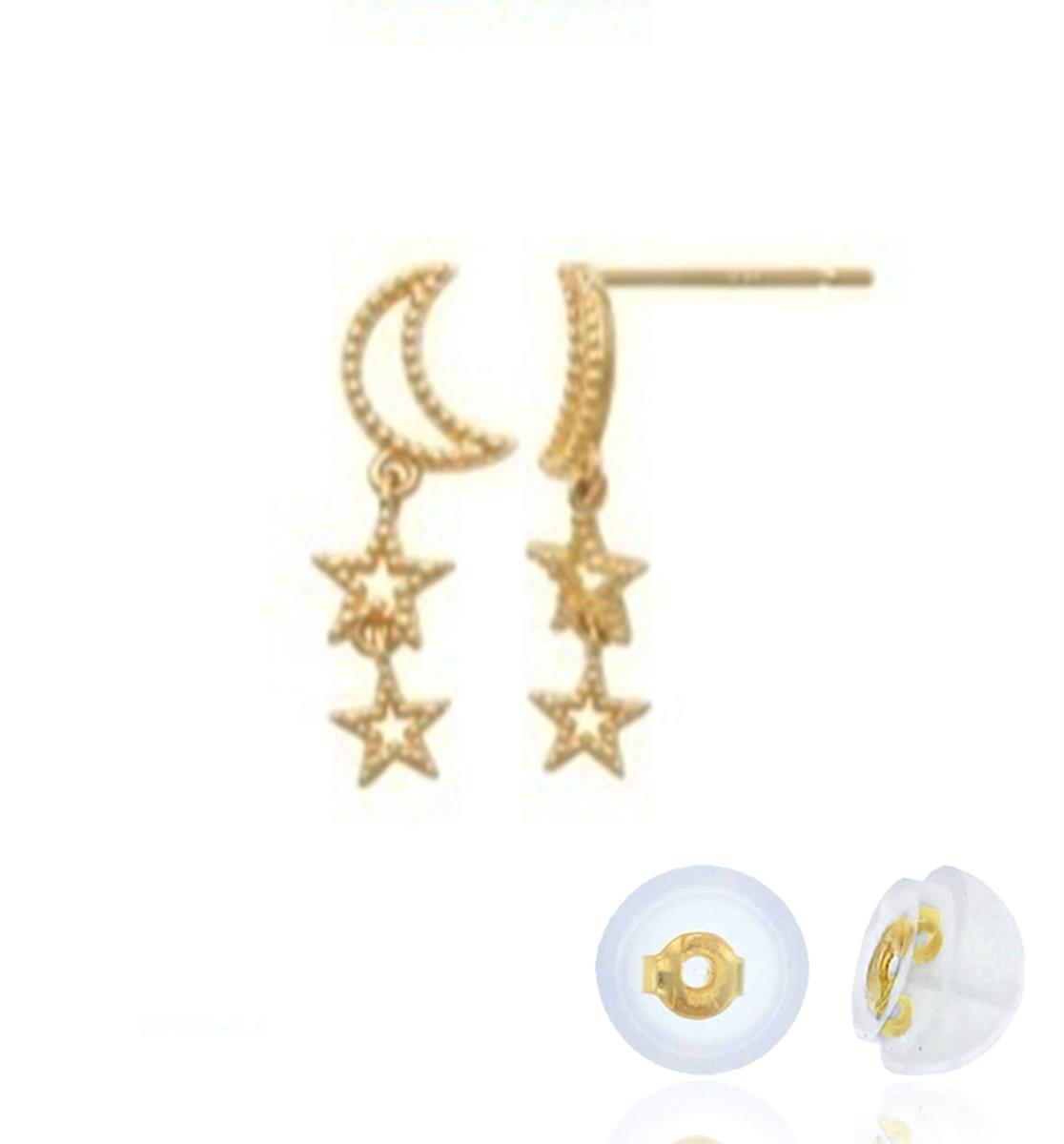 14K Yellow Gold Moon & Stars Dangling Earring with Silicone Back