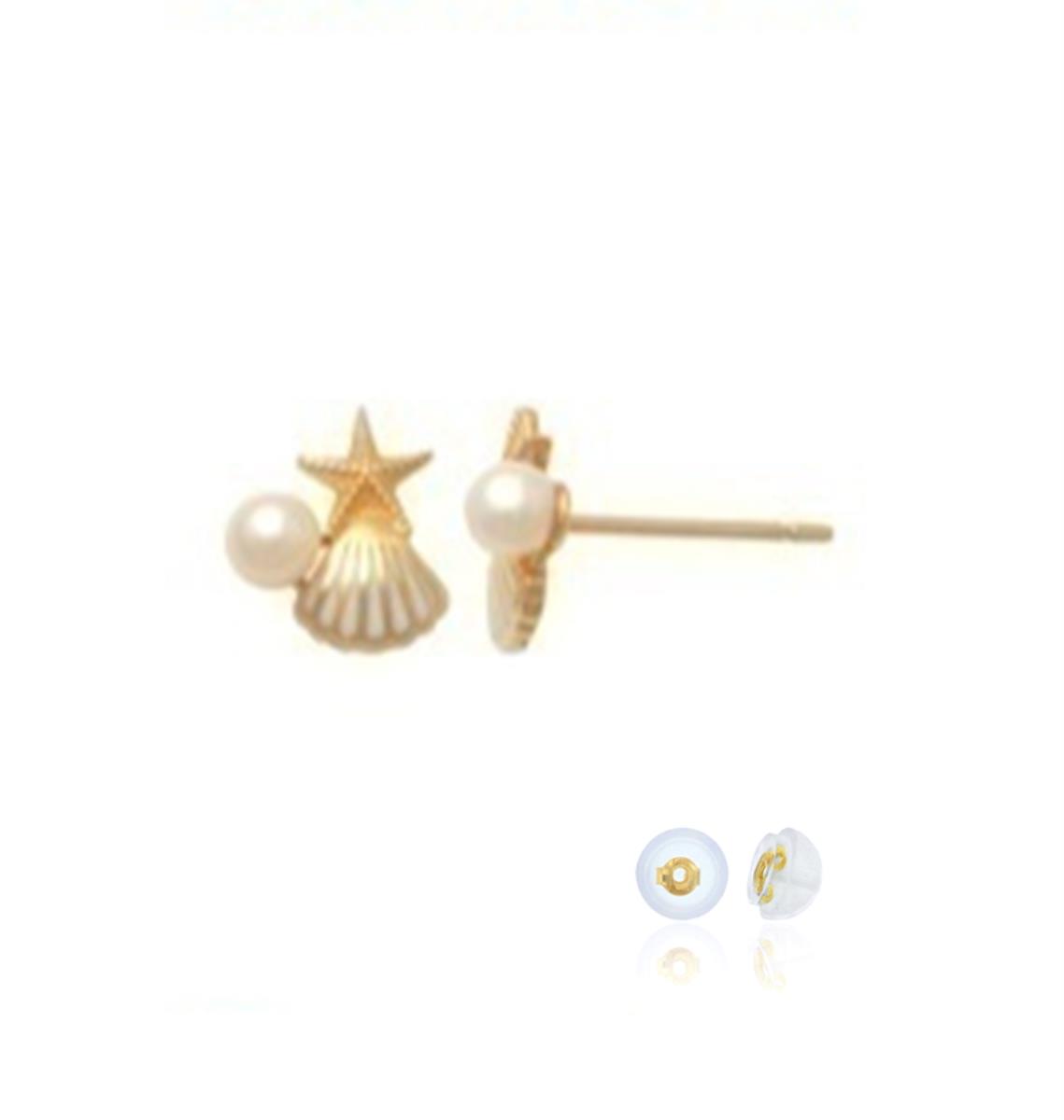 10K Yellow Gold Sea Shell Pearl & Star Stud Earring with Silicone Back
