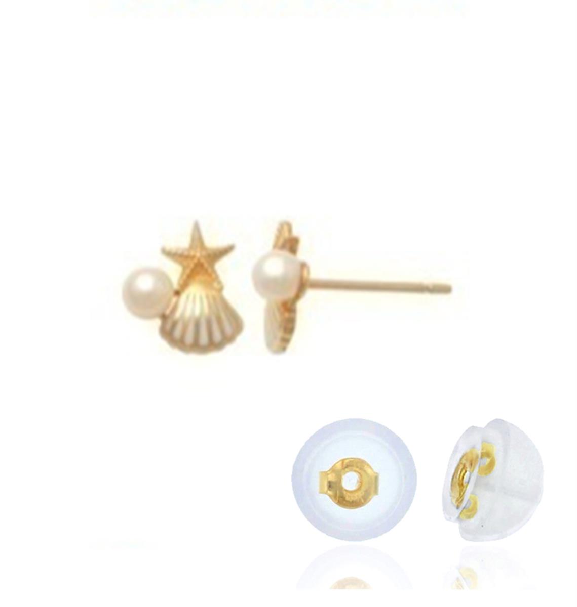14K Yellow Gold Sea Shell Pearl & Star Stud Earring with Silicone Back