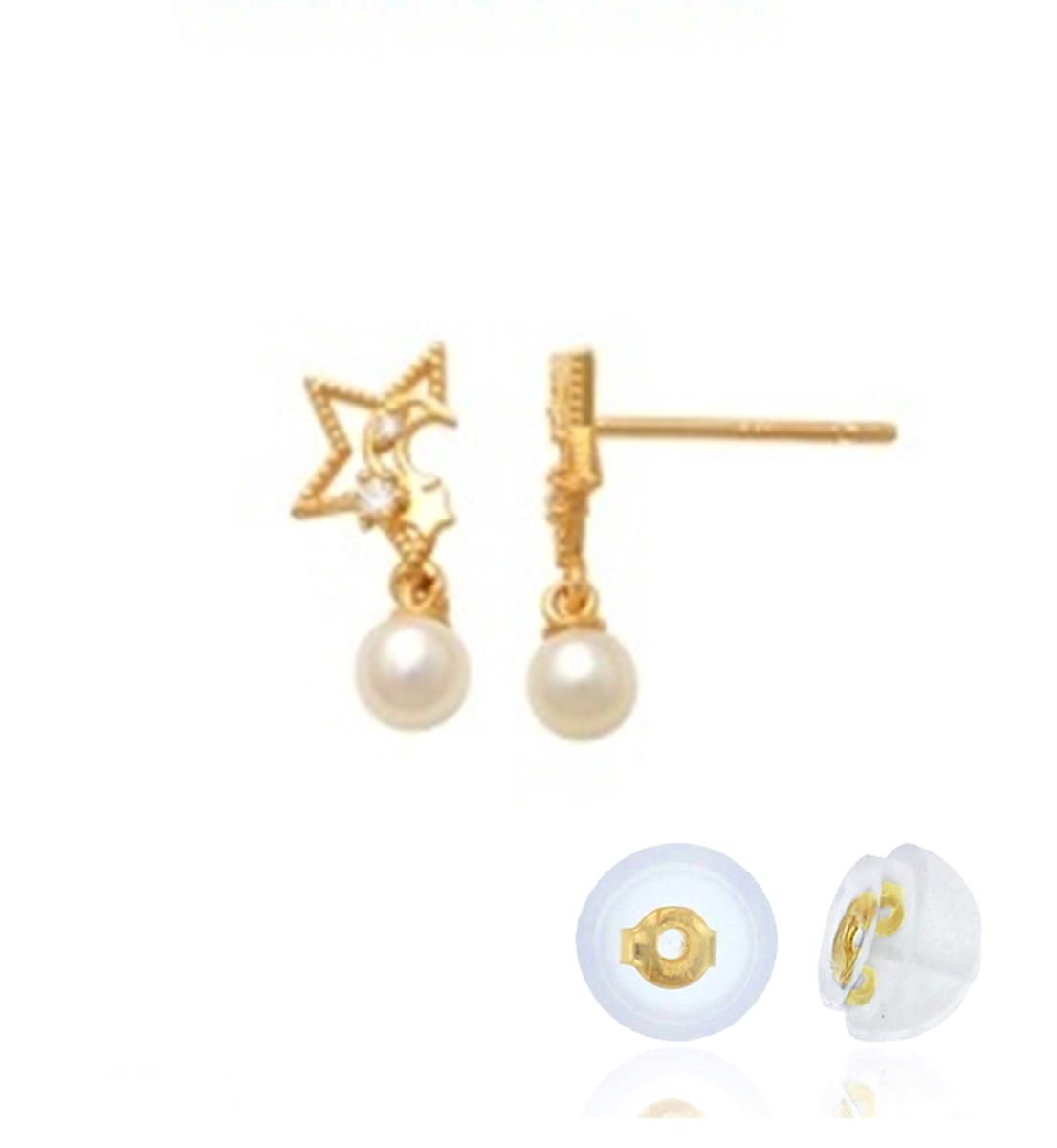14K Yellow Gold Star & Moon Pearl Diamondcut Stud Earring with Silicone Back