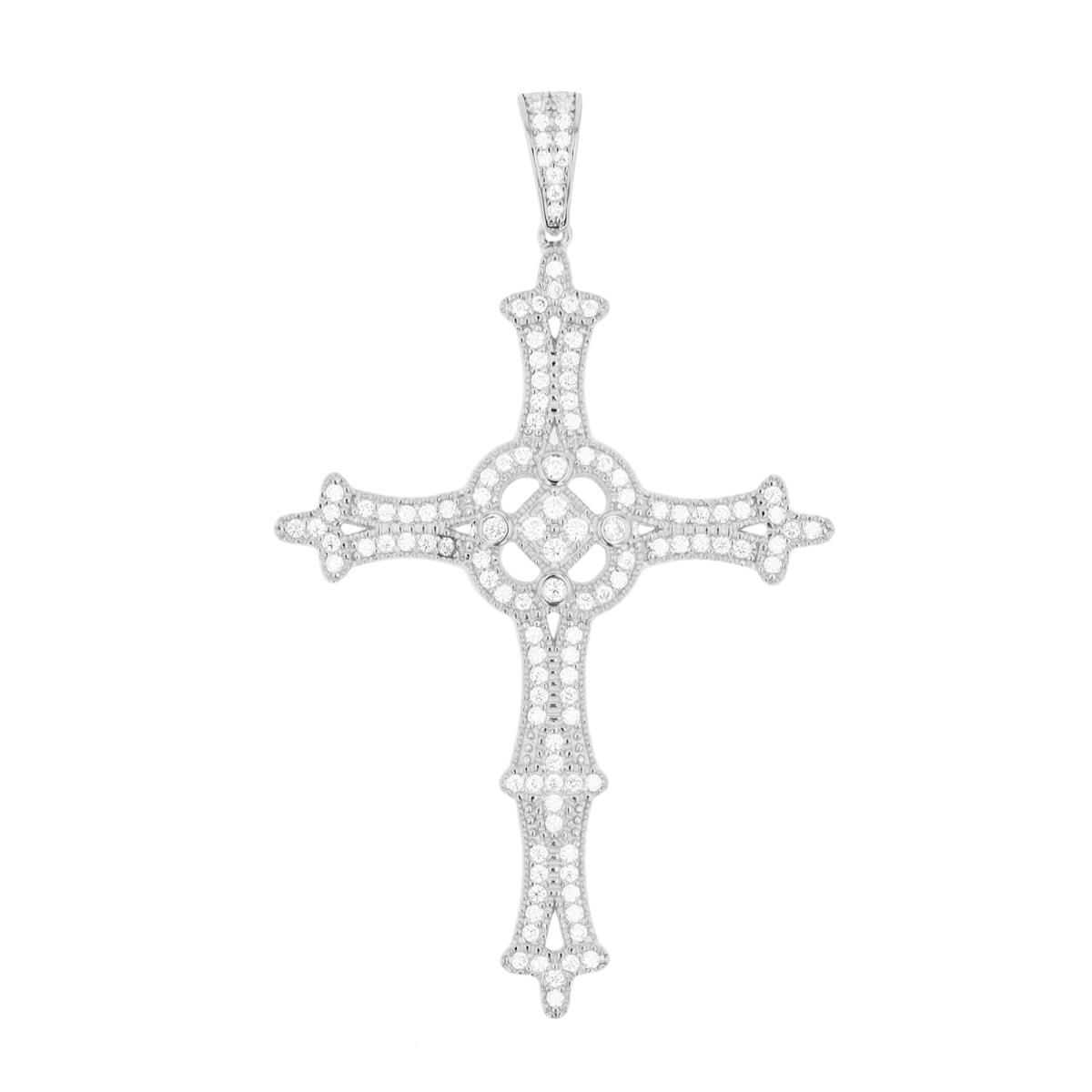 Sterling Silver Rhodium Diamondcut White RD CZ Cross Pendant