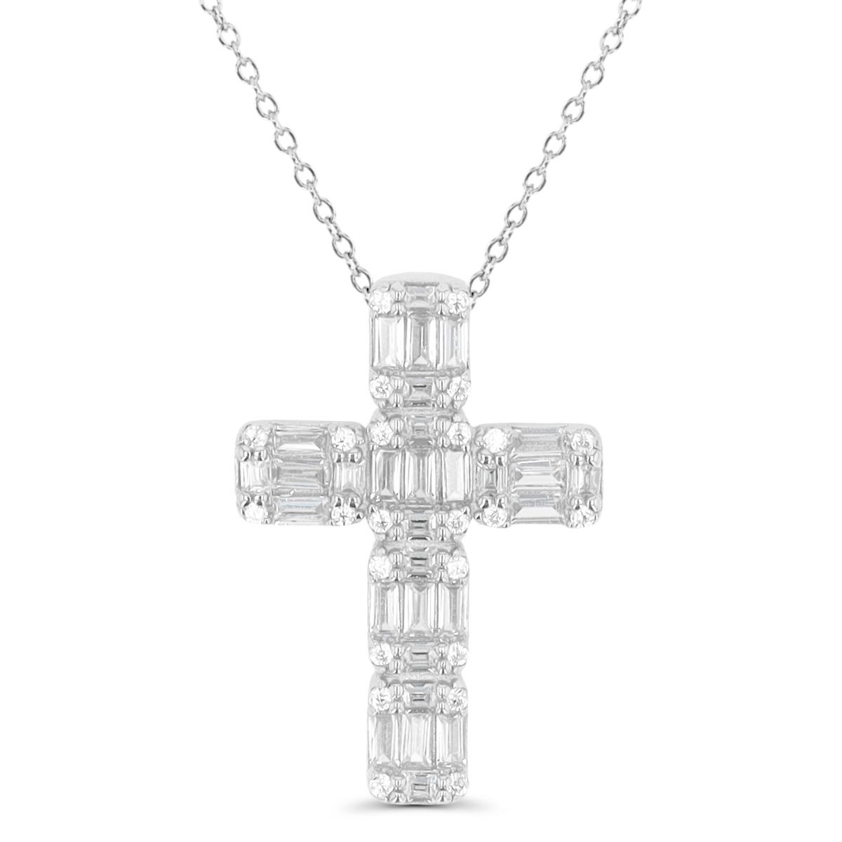 Sterling Silver Rhodium Cross Straight Baguette White CZ 18" Necklace