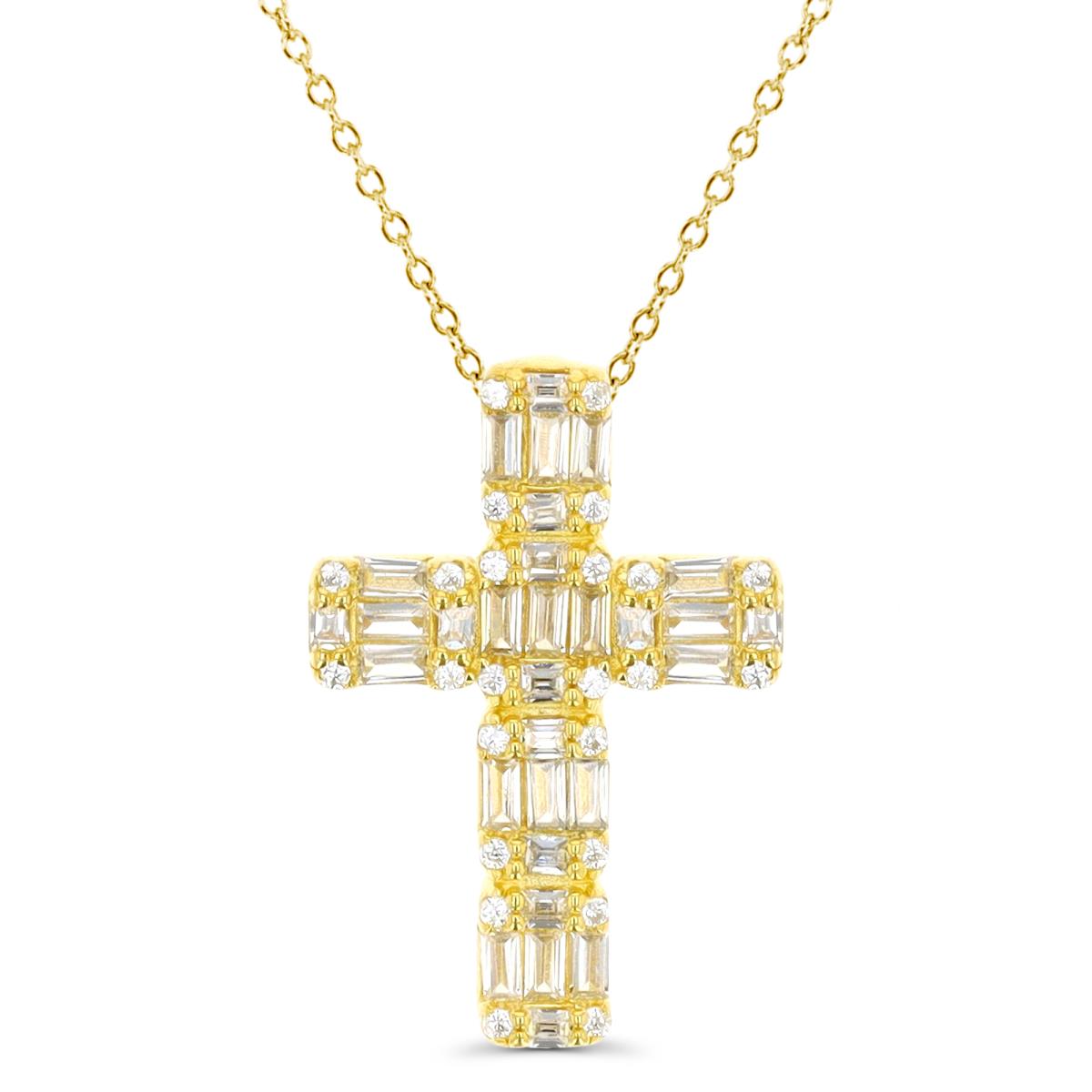Sterling Silver Yellow Cross Straight Baguette White CZ 18" Necklace