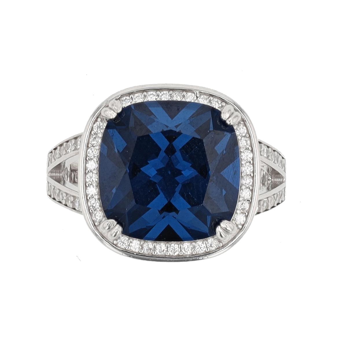Sterling Silver Rhodium 12mm Blue Sapphire & White CZ Fashion  Ring