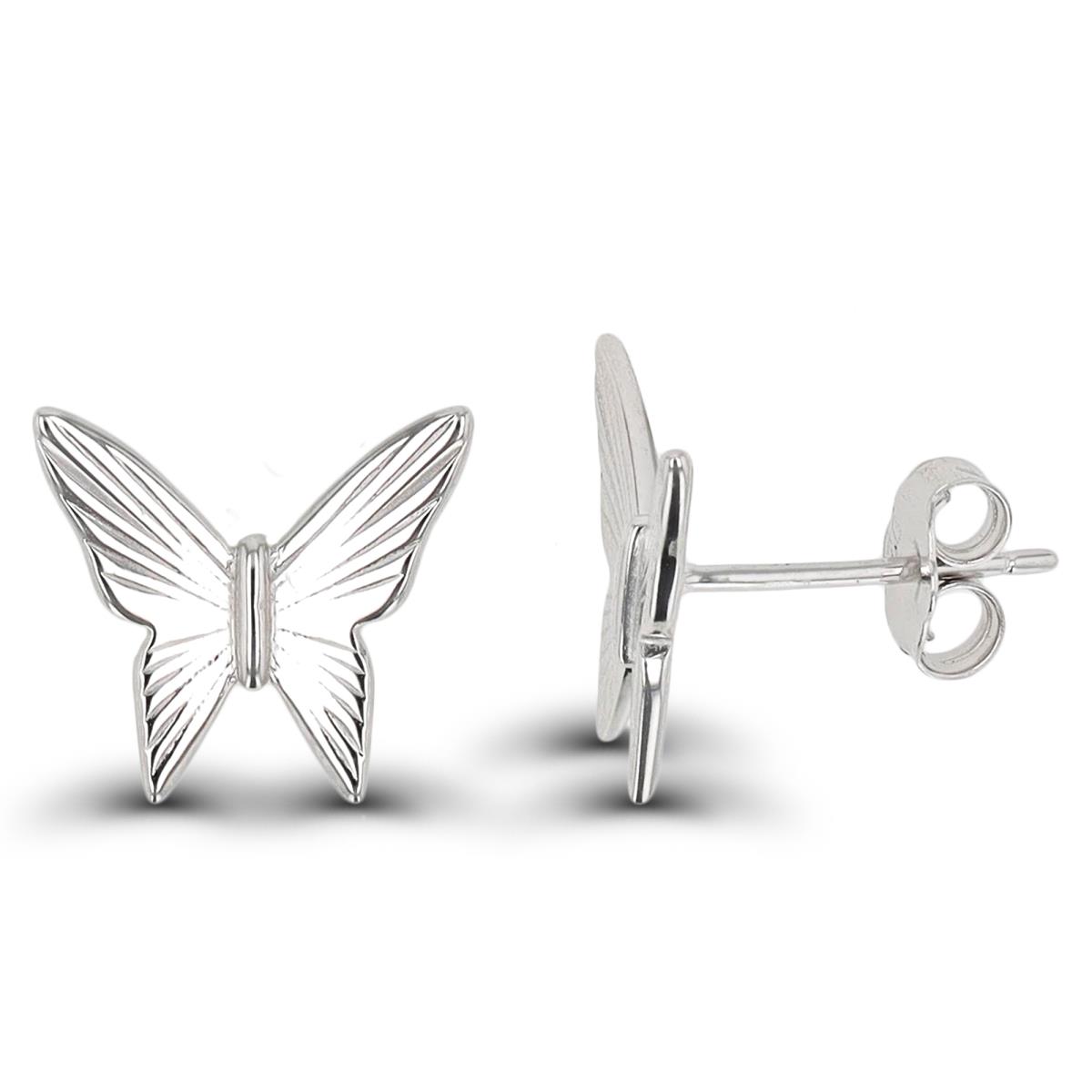 Sterling Silver Rhodium Textured Butterfly 11x10mm Stud Earring