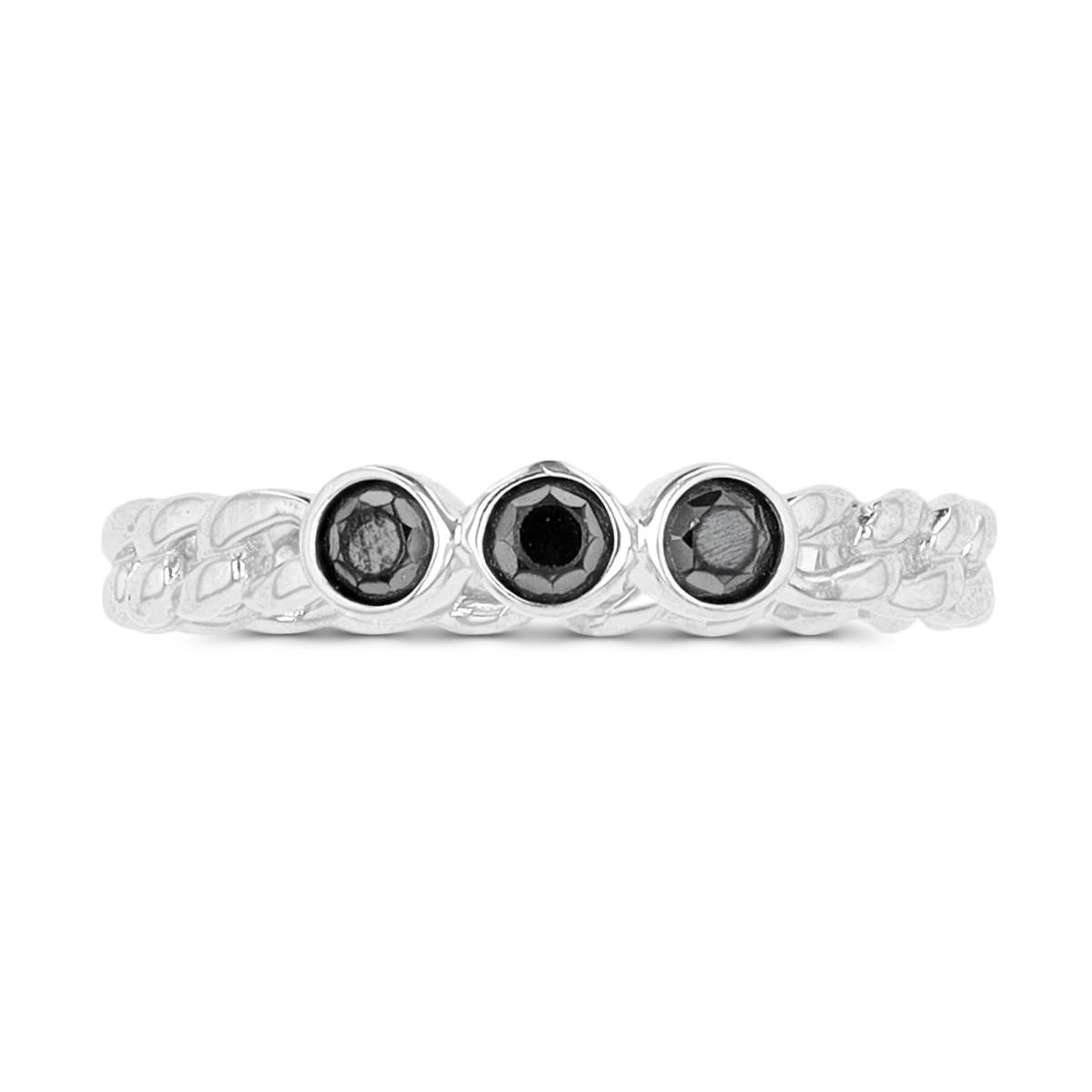 Sterling Silver Rhodium Trio Bezel 3.5mm RD Black Spinel Fashion Chain Ring