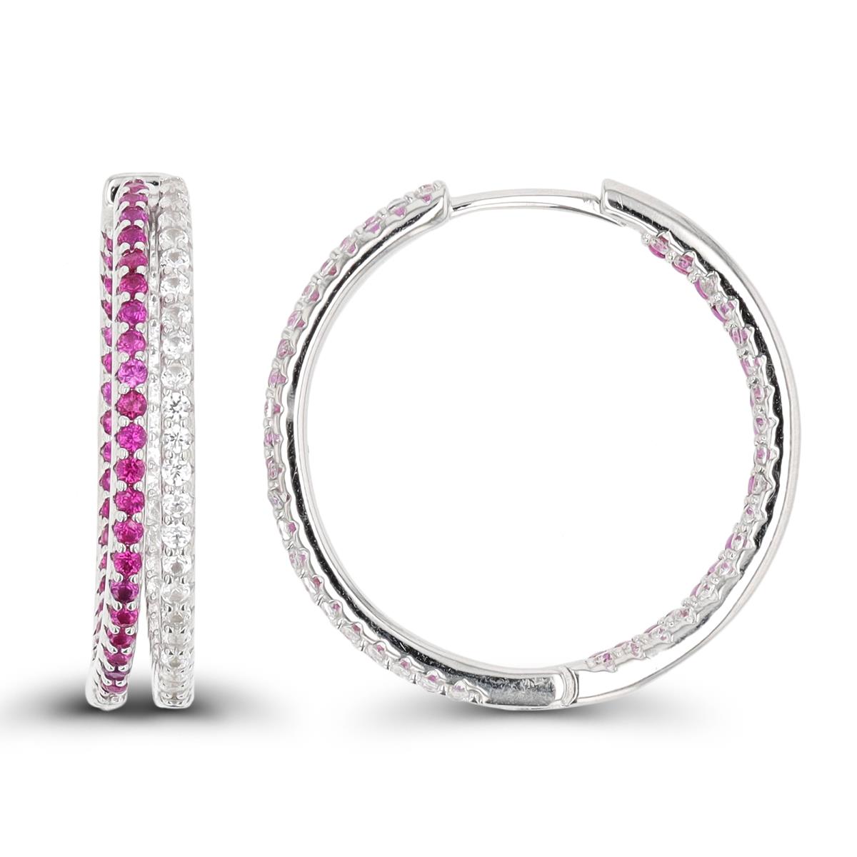 Sterling Silver Rhodium Double Row White Sapphire & Ruby  Hoop Earring