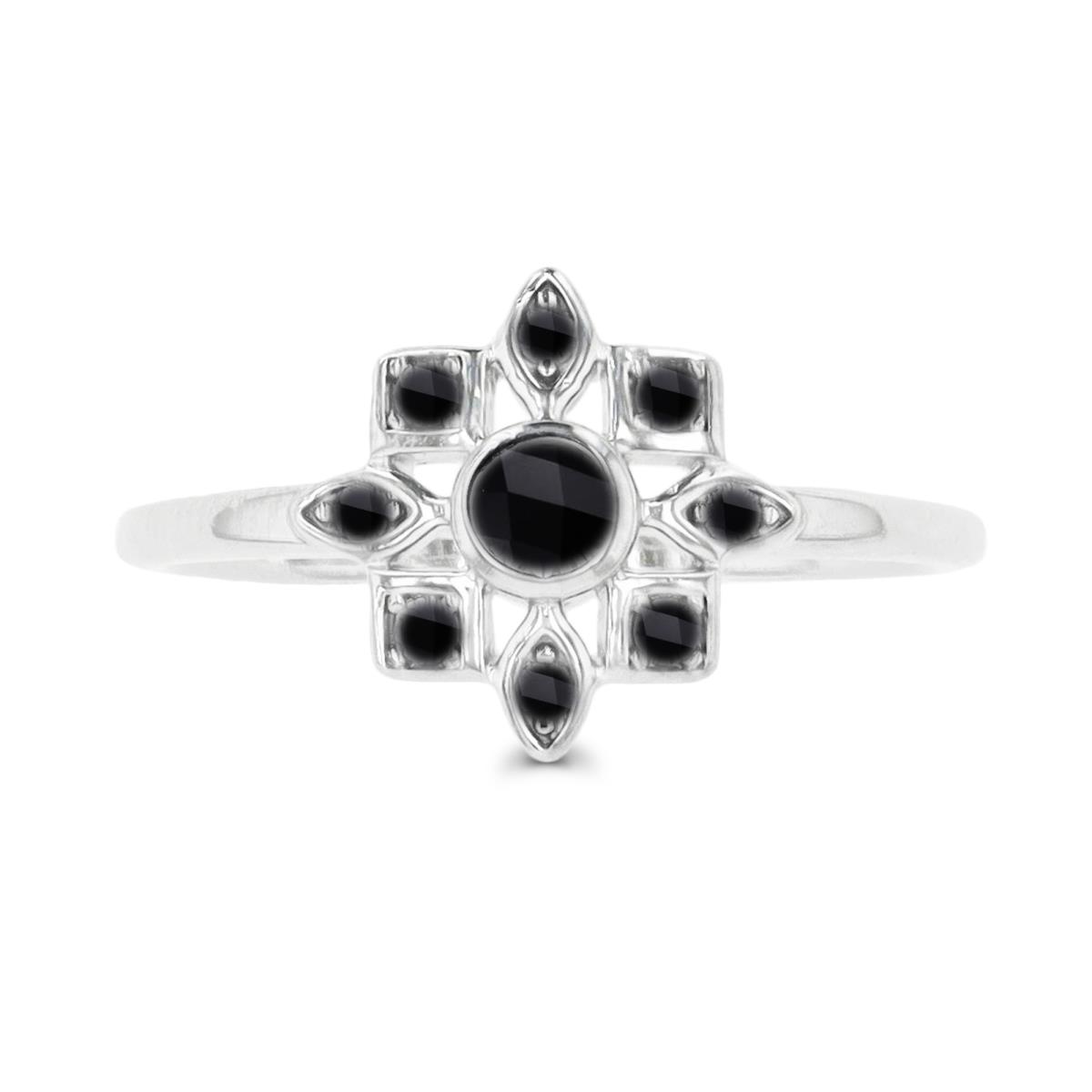 Sterling Silver Rhodium Black Spinel  10mm White  Flower Fashion  Ring