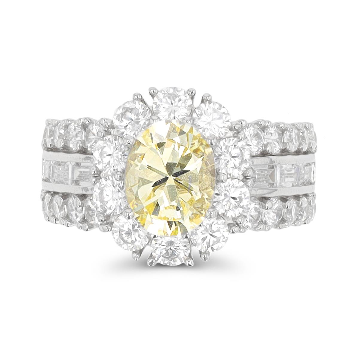 Sterling Silver Rhodium 9x7mm Canary Yellow & White CZ Halo Engagement  Ring