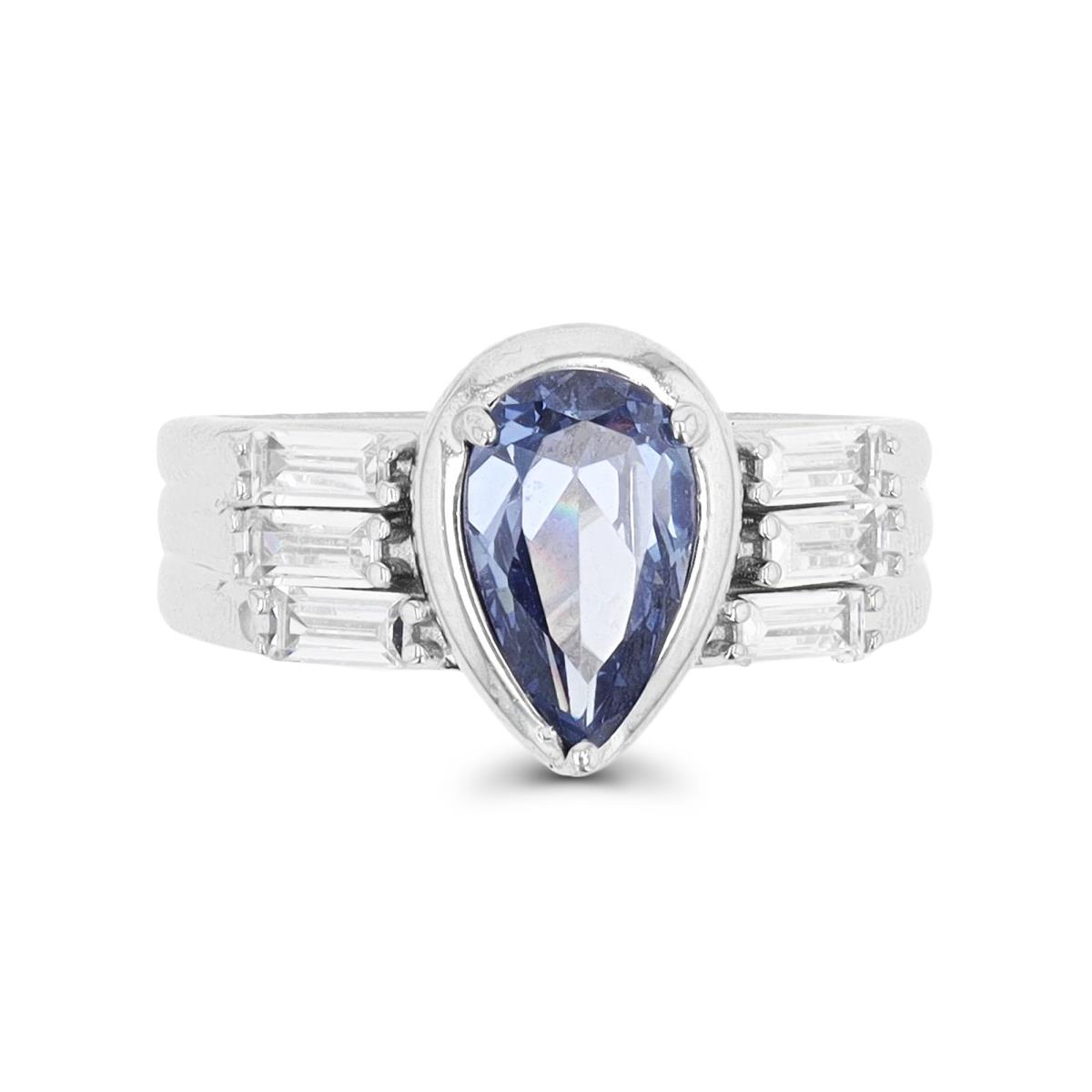 Sterling Silver Rhodium Bezel 10x6mm Pear Blue Tanzanite &  White CZ  Polished Fashion Ring