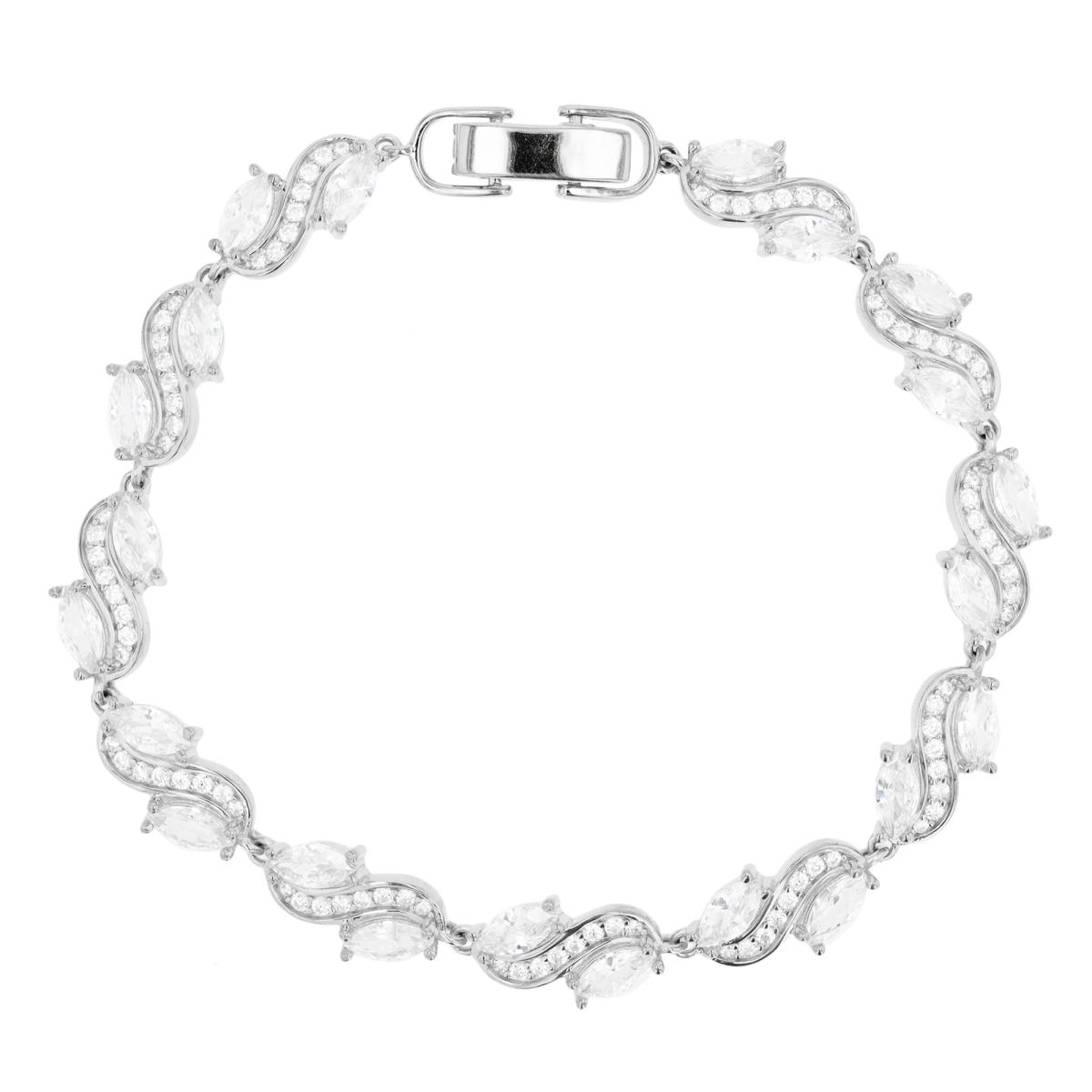 Sterling Silver Rhodium 6x3mm Ma White CZ Wave Tennis 7" Bracelet