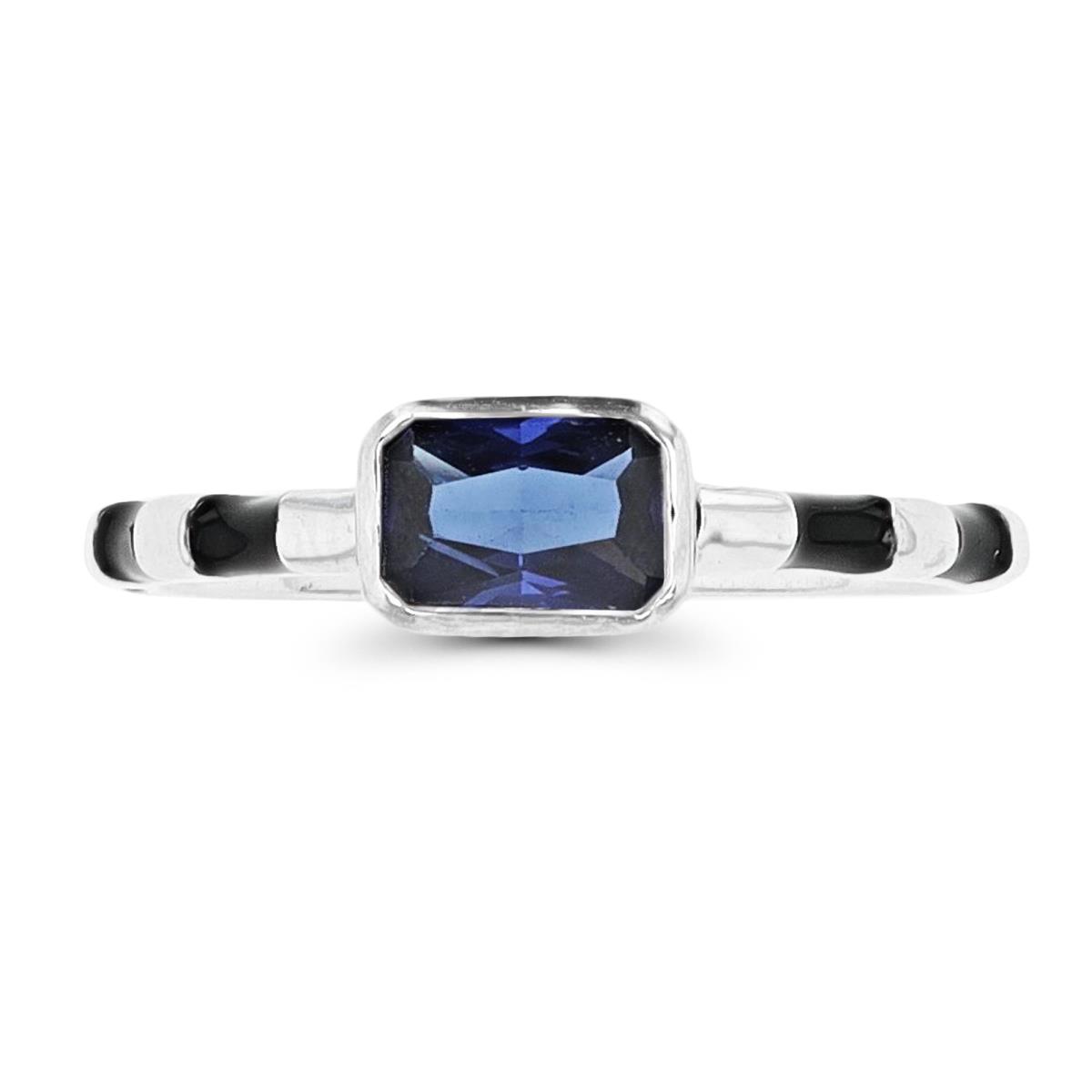 Sterling Silver Rhodium & Enamel 8x6mm Em Blue Sapphire  Fashion Ring