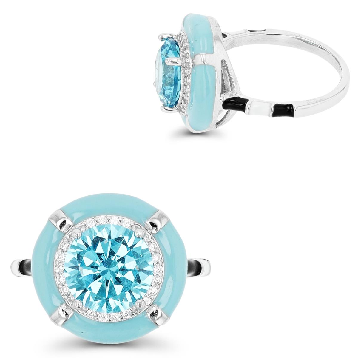 Sterling Silver Rhodium & Enamel 15.5mm Mid Blue & White CZ Halo Fashion  Ring