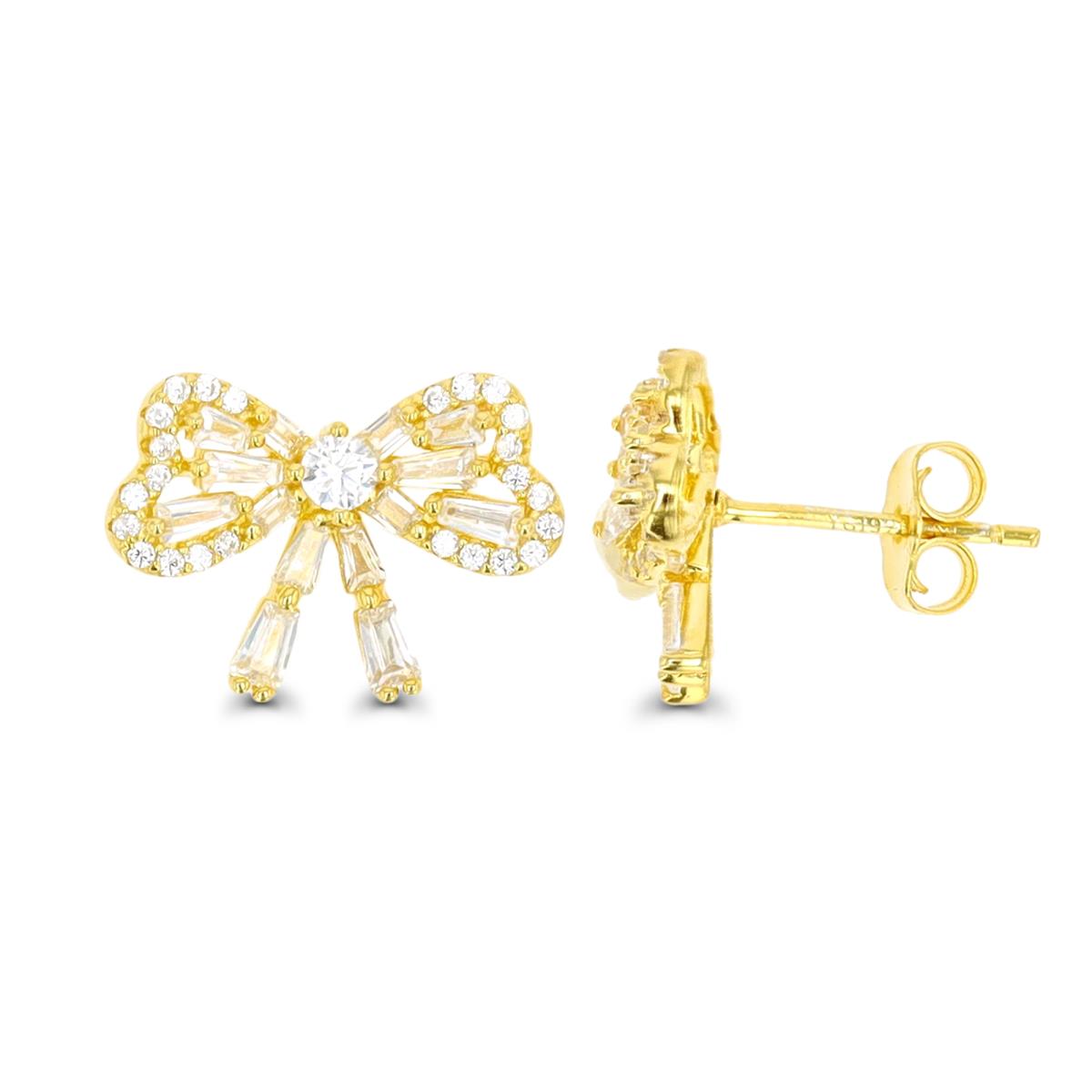 Sterling Silver Yellow 1 Micron  15.5x11.5mm Bow Rd & Straight Baguette White CZ Stud Earring