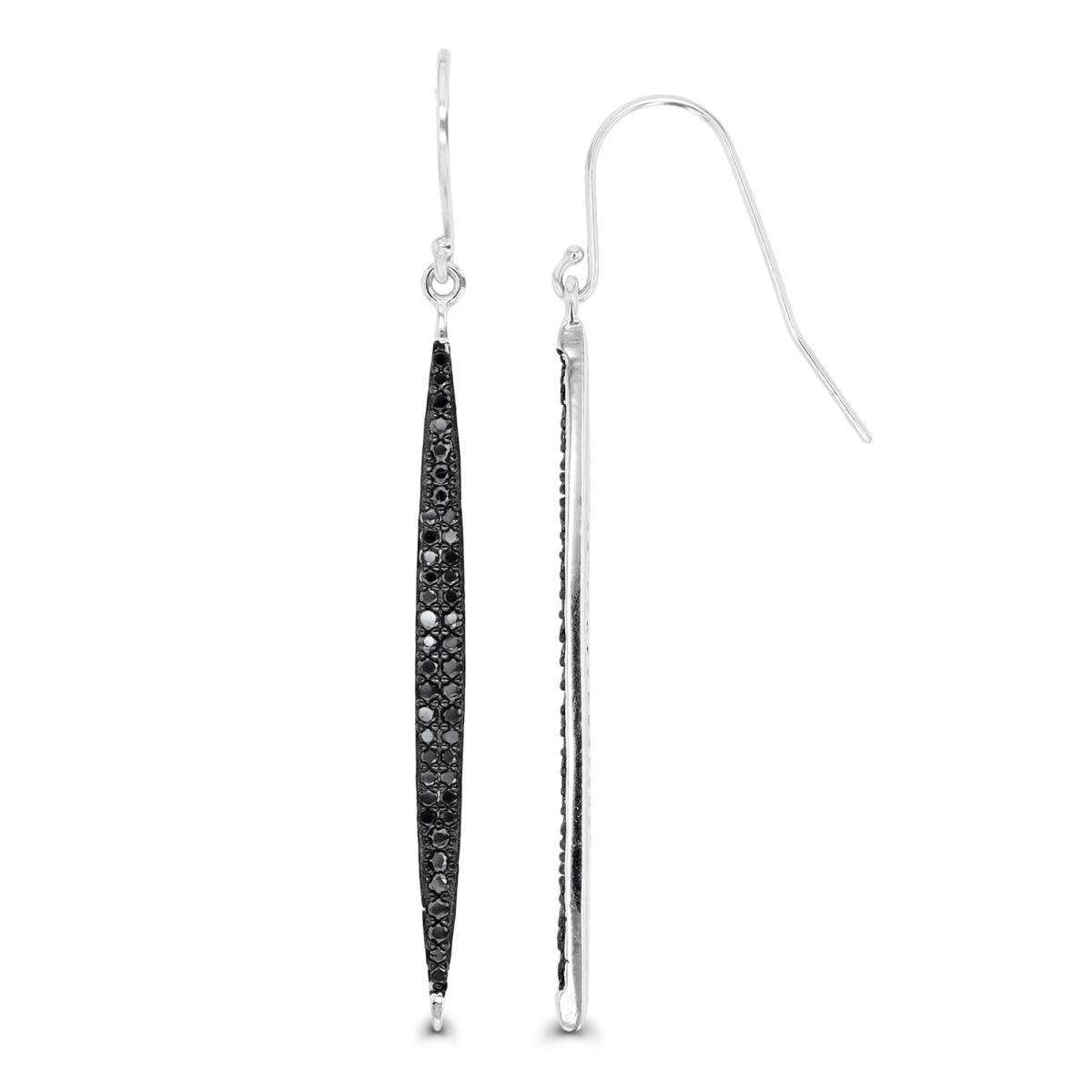 Sterling Silver Rhodium & Black Black Spinel Diamond Cut 53mm Dangling Fish Hook Earring