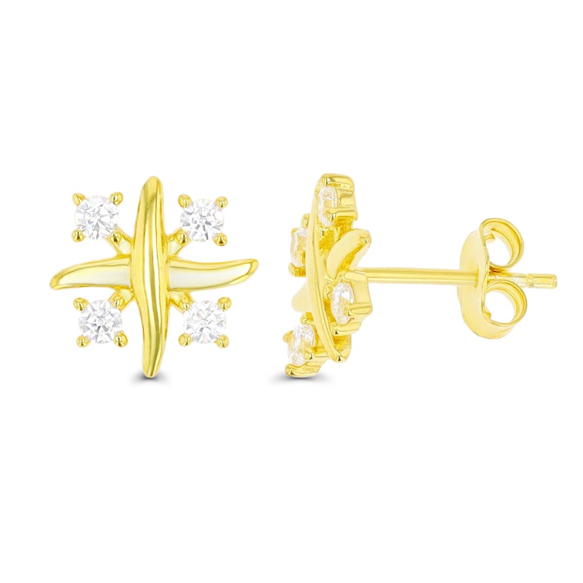 Sterling Silver Yellow 1 Micron Criss Cross  10mm White CZ Polished Stud Earring